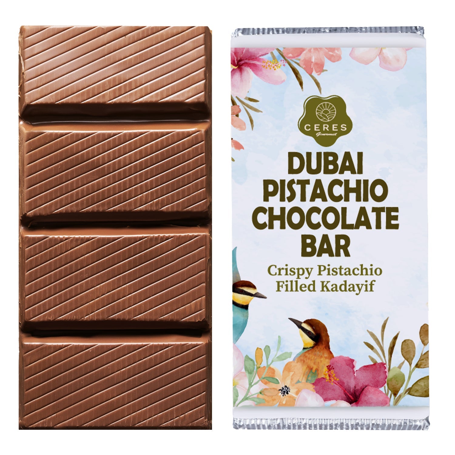 A chocolate bar with diagonal lines sits beside its colorful wrapper labeled Viral Dubai Chocolate Bar, 75% Pistachio- 7 oz by Ceres Gourmet, adorned with floral and bird motifs—an irresistible sensation loved online.