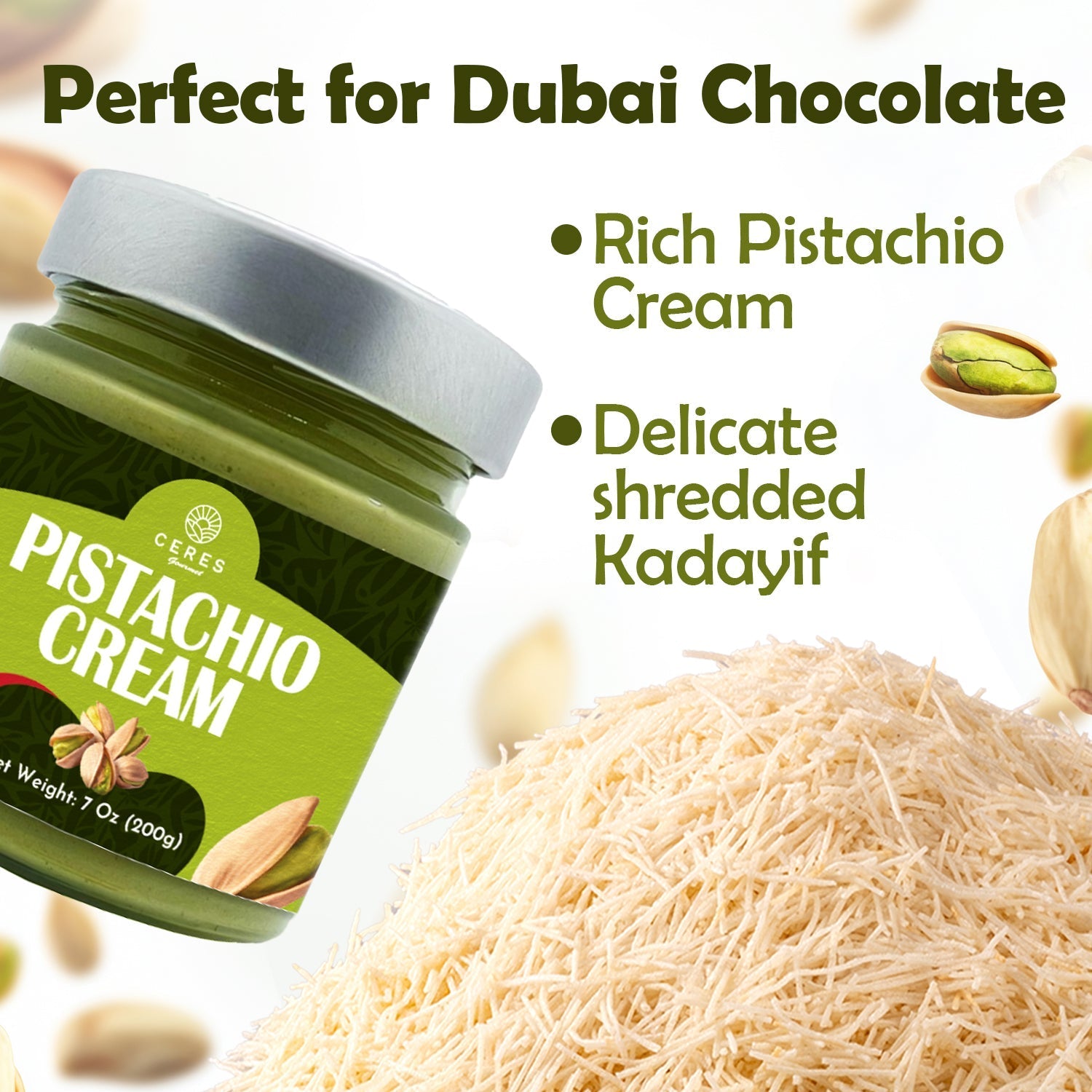 A jar of Ceres Gourmet pistachio butter sits by fine kataifi strands and pistachios. Text: Premium Kataifi & Pistachio Butter Bundle for Dubai Chocolate. Indulgent cream, delicate shredded dough.