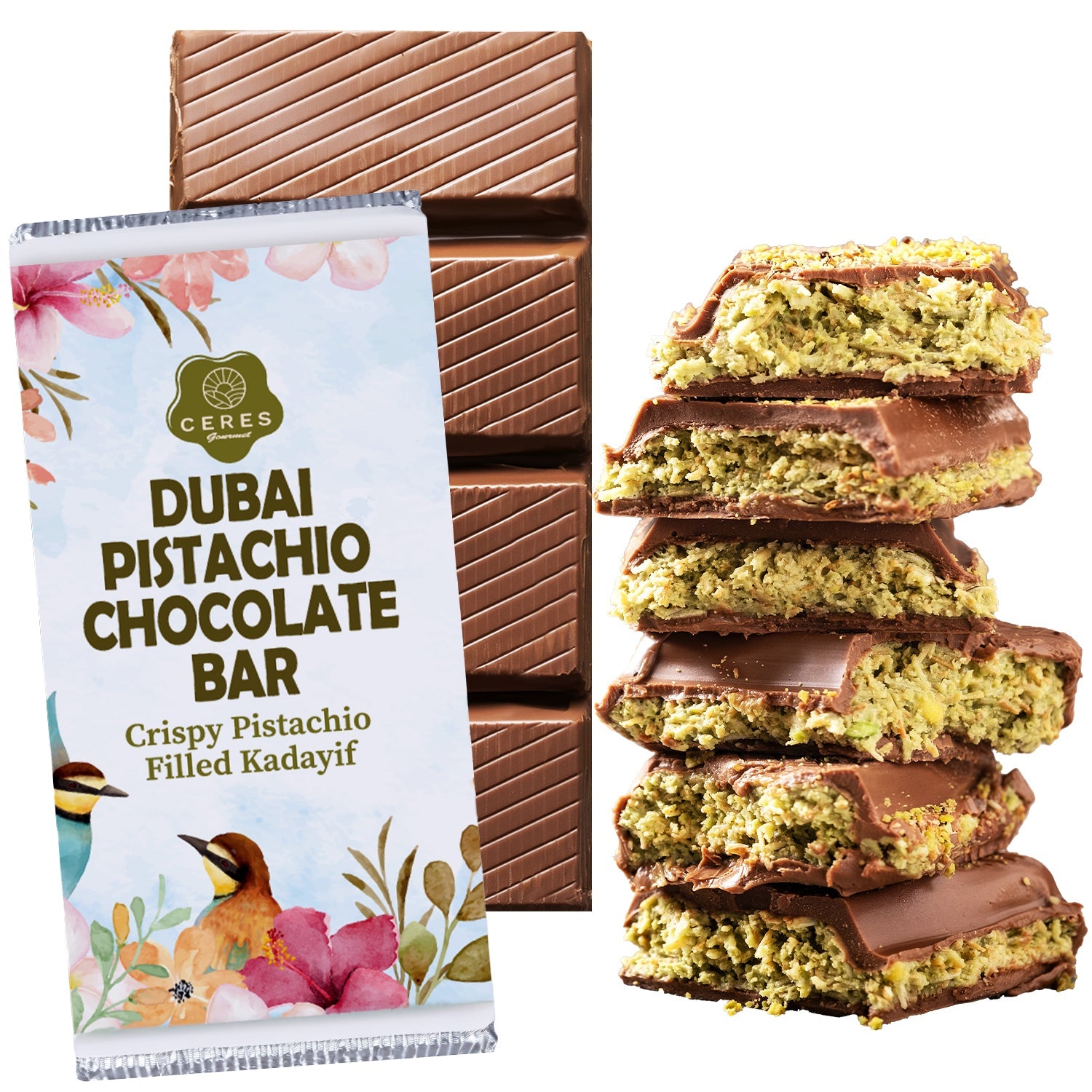 The Ceres Gourmet Viral Dubai Chocolate Bar, 75% Pistachio (7 oz), with floral packaging, sits next to an unwrapped bar and chocolate pieces filled with rich green pistachio cream kaday?f.