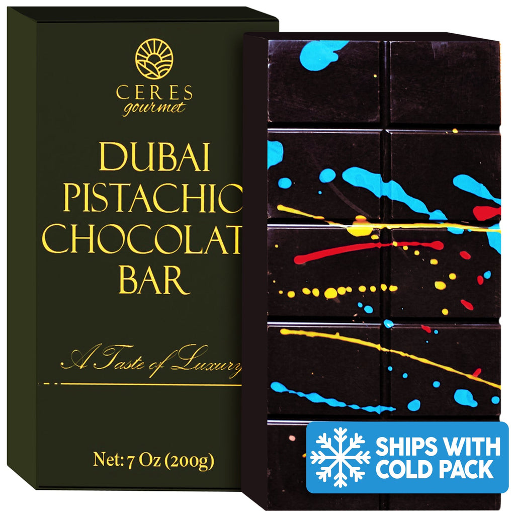 A Dark Chocolate Dubai Crispy Knafeh Pistachio Bar by Ceres Gourmet. 