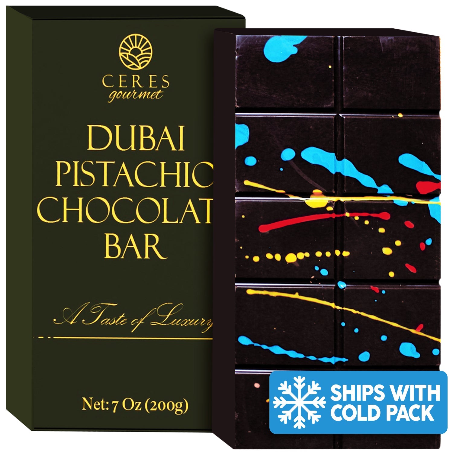 A Dark Chocolate Dubai Crispy Knafeh Pistachio Bar by Ceres Gourmet. 