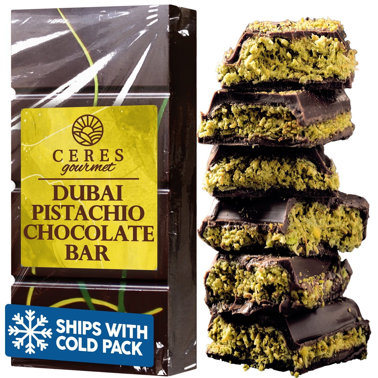 A package of Ceres Gourmet Dubai Chocolate Kunafa Pistachio - Dark, White, Milky (3.5 oz) is shown beside premium chocolates with green pistachio filling. A Ships with Cold Pack label appears at the bottom left.