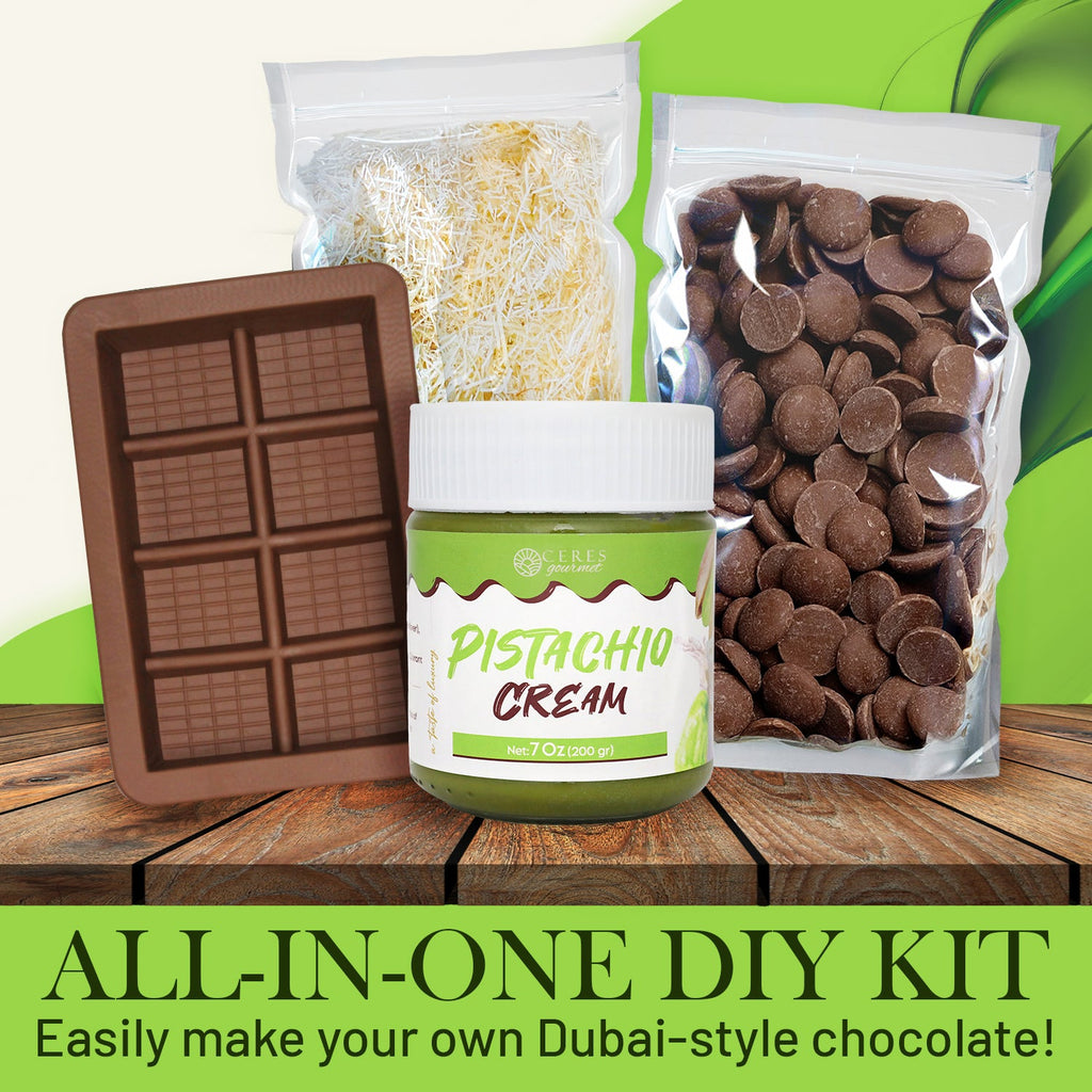 Easily make your own Dubai-style chocolate with the Ceres Gourmet Dubai Chocolate Bar DIY Kit—includes a bar mold, pistachio cream, chocolate buttons, and shredded topping in stylish green and brown packaging.