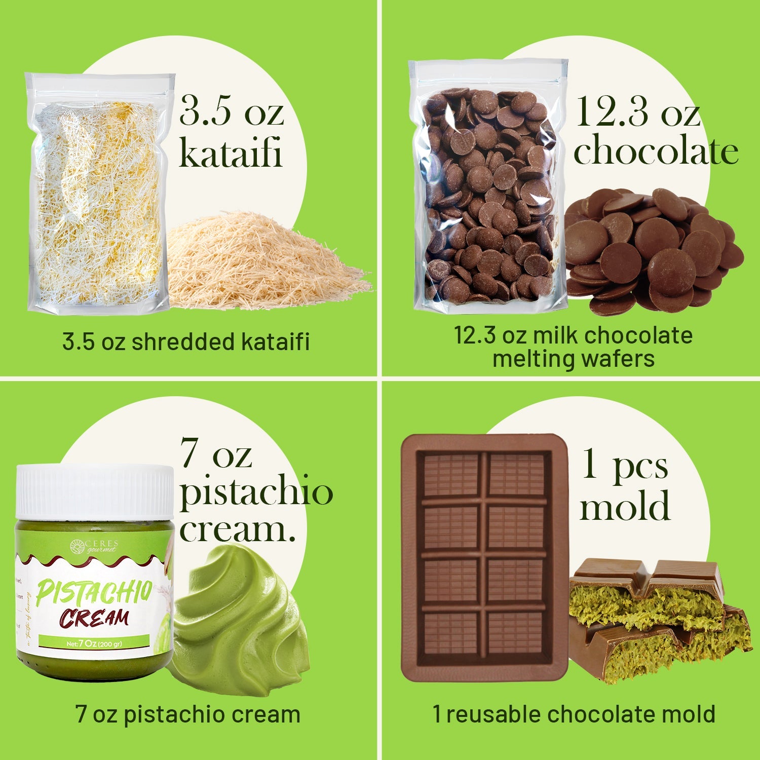 Four quadrants display the Ceres Gourmet Dubai Chocolate Bar DIY Kit: 3.5 oz shredded kataifi, 12.3 oz milk chocolate wafers, a 7 oz pistachio cream jar, and a reusable mold for making your own Pistachio Chocolate Bar.