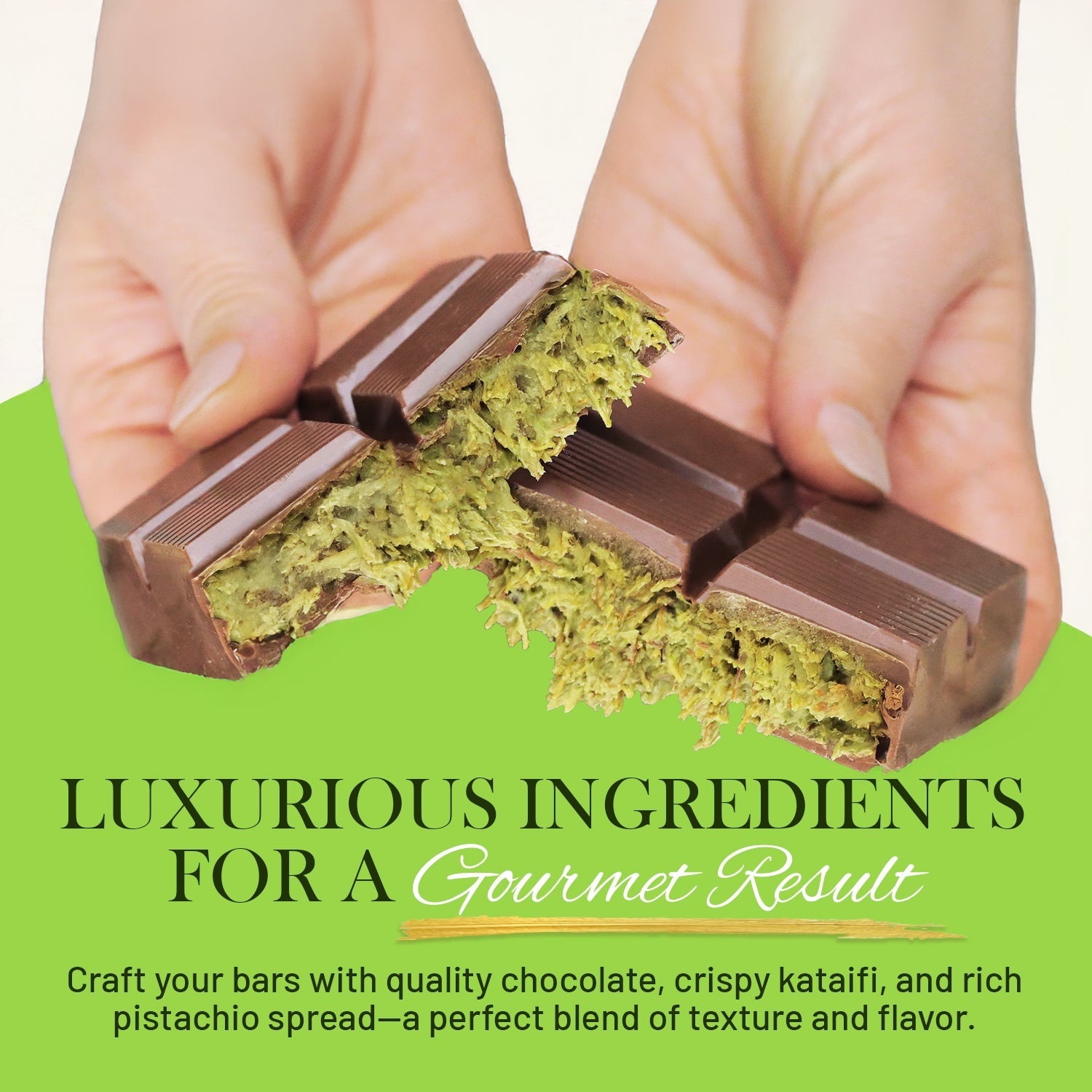 Close-up of hands breaking a Dubai Chocolate Bar made with Ceres Gourmets DIY Kit, revealing green pistachio and kataifi filling. Text below highlights the gourmet ingredients and decadent quality of this artisanal chocolate kit.