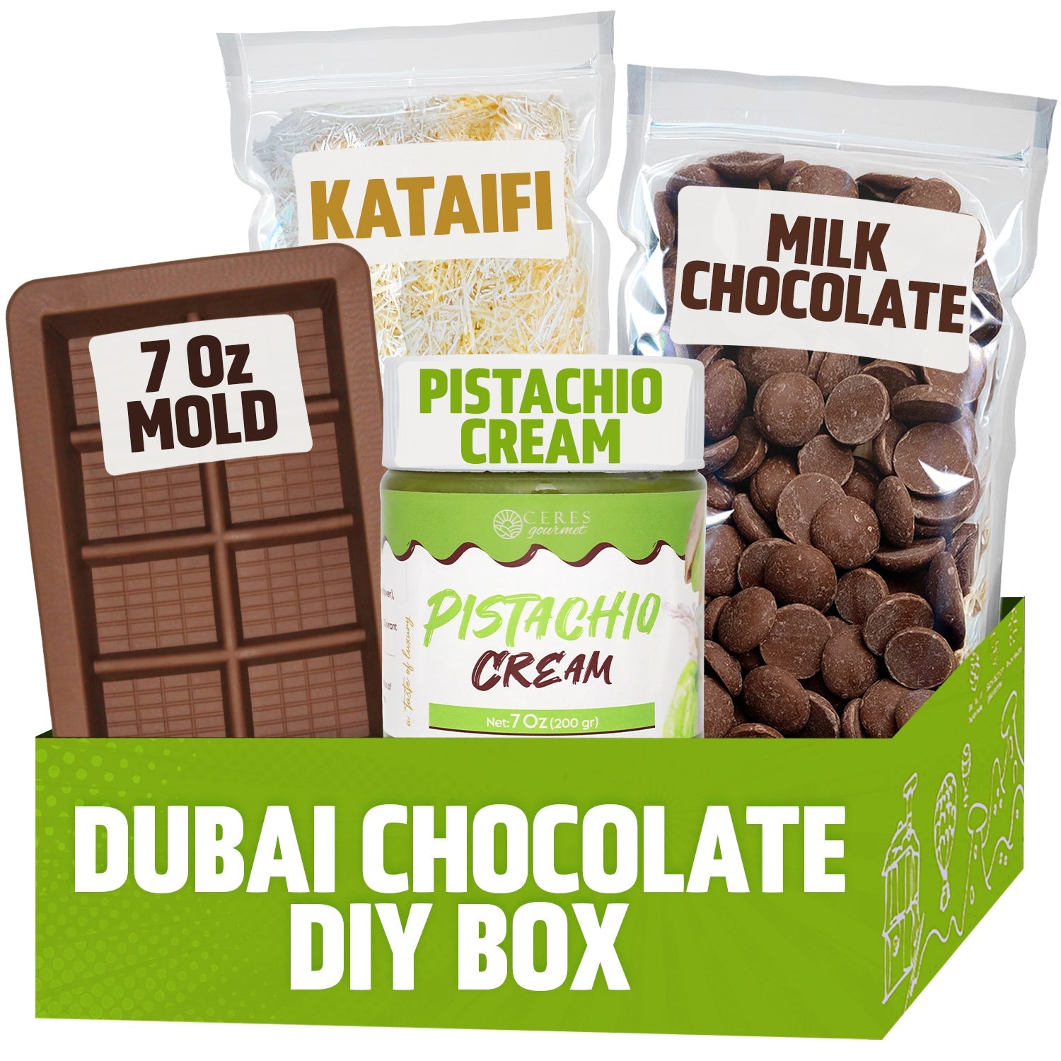 Craft your own treat with the Ceres Gourmet Dubai Chocolate Bar DIY Kit, featuring a 7 oz chocolate mold, pistachio cream, kataifi pastry, and milk chocolate drops—all in a vibrant green tray.