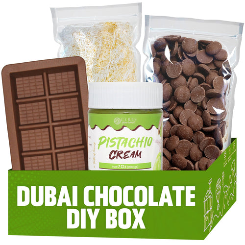 The Ceres Gourmet Dubai Chocolate Bar DIY Kit includes pistachio cream, a chocolate bar mold, chocolate chips, and shredded pastry in a green box—everything you need to craft your own Pistachio Chocolate Bar.
