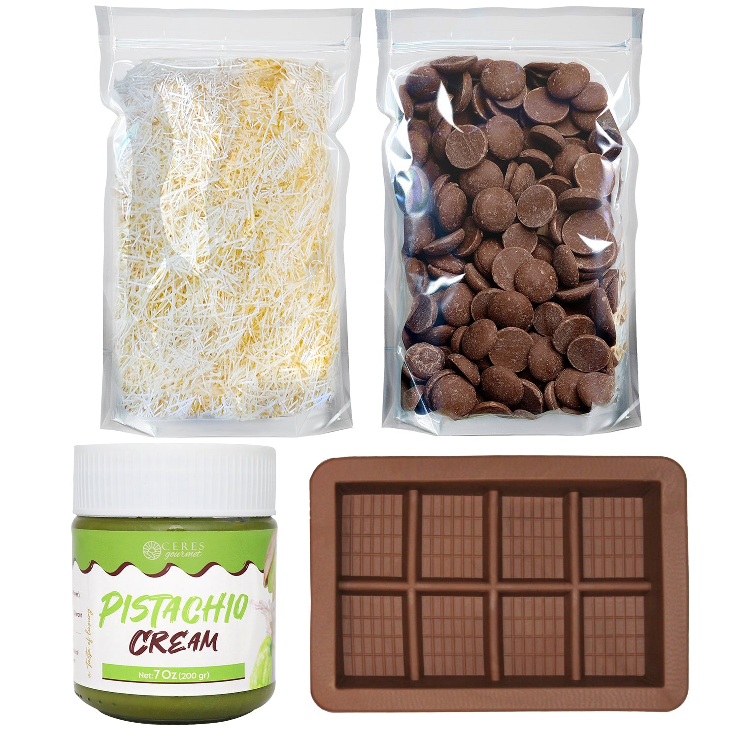 Create your own Pistachio Chocolate Bar with the Ceres Gourmet Dubai Chocolate Bar DIY Kit, featuring white shredded phyllo dough, chocolate discs, Pistachio Cream, and a silicone mold—a delicious hands-on treat!.
