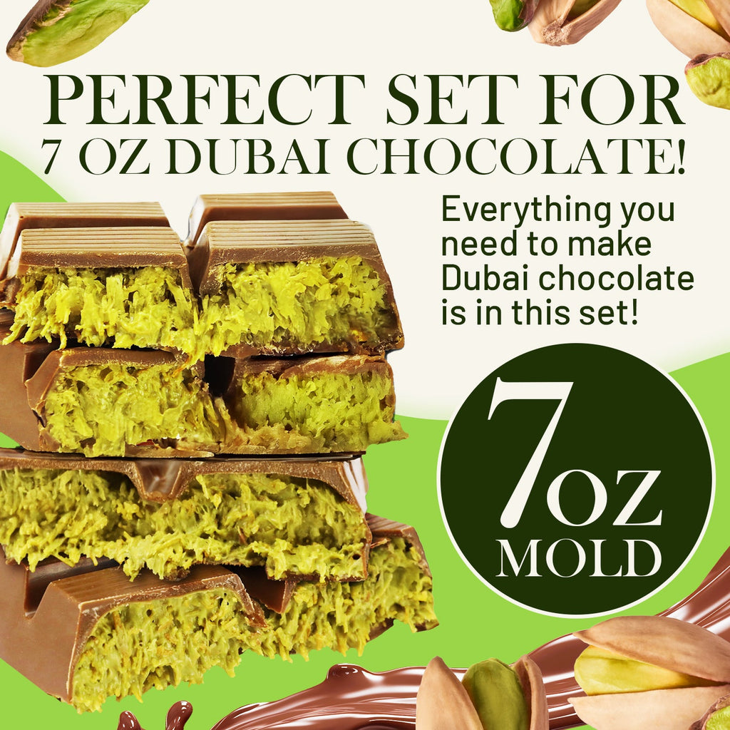 Promo image of Ceres Gourmet Dubai Chocolate Bar DIY Kit with green-filled bars, pistachios, and chocolate drips. Perfect set for making a 7oz Dubai chocolate bar—includes mold and all ingredients you need!.