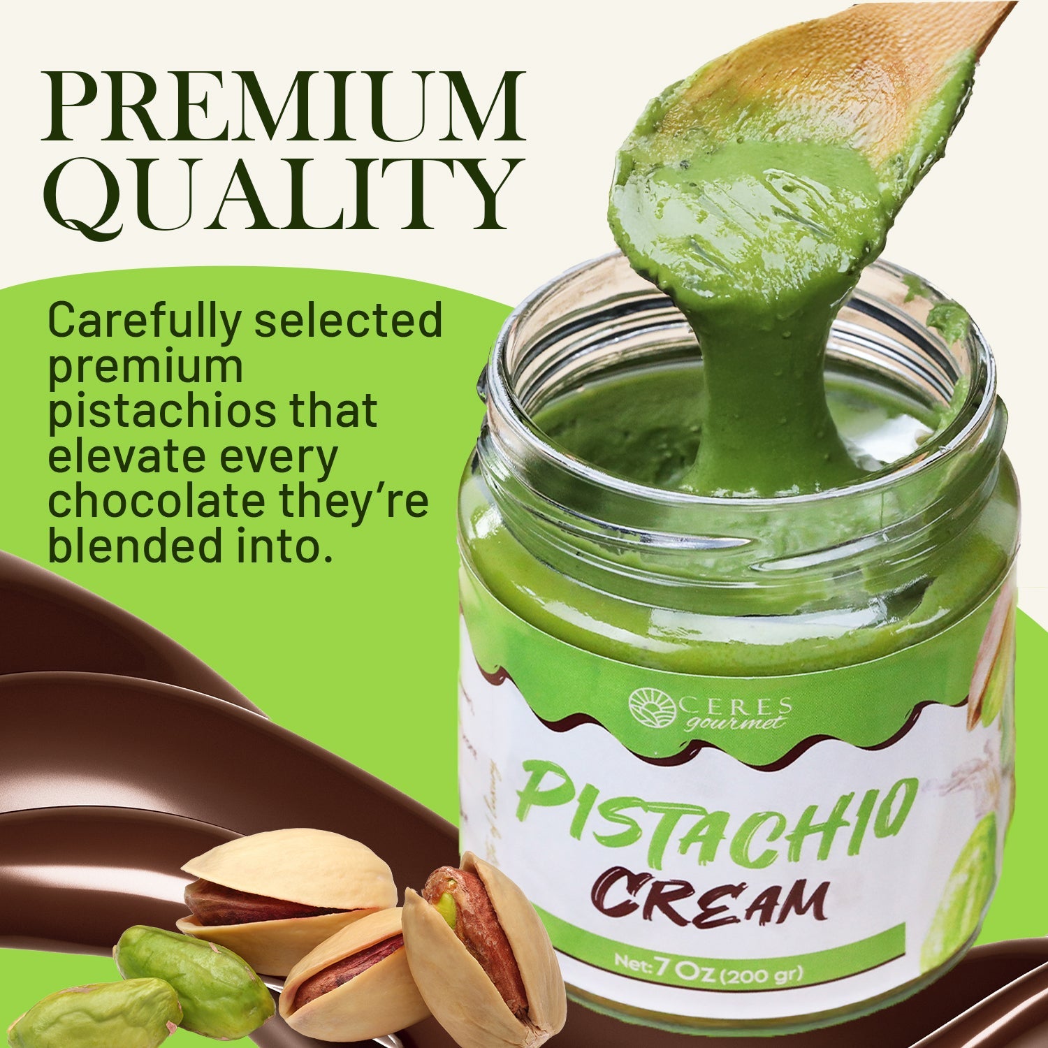 A spoon dips into a jar of pistachio cream from the Ceres Gourmet Dubai Chocolate Bar DIY Kit. Pistachios and chocolate pieces for your DIY chocolate bar sit beside the jar. Text reads Premium Quality, underscoring product excellence.