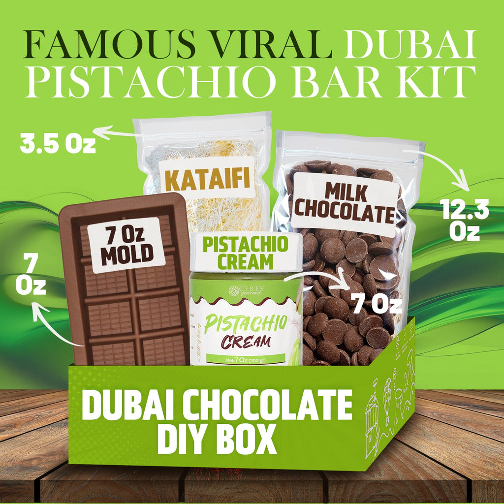 A green box labeled Dubai Chocolate Bar DIY Kit by Ceres Gourmet contains bags of kataifi, milk chocolate chips, pistachio cream, a chocolate bar mold, and ingredient weights. The text reads Famous Viral Pistachio Chocolate Bar DIY Kit.