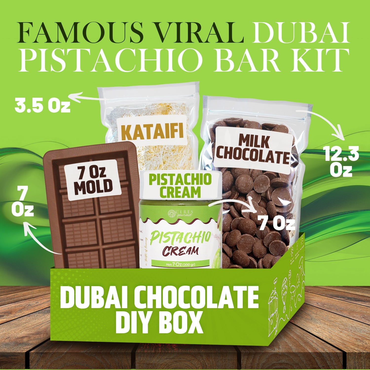 A green box labeled Dubai Chocolate Bar DIY Kit by Ceres Gourmet contains bags of kataifi, milk chocolate chips, pistachio cream, a chocolate bar mold, and ingredient weights. The text reads Famous Viral Pistachio Chocolate Bar DIY Kit.