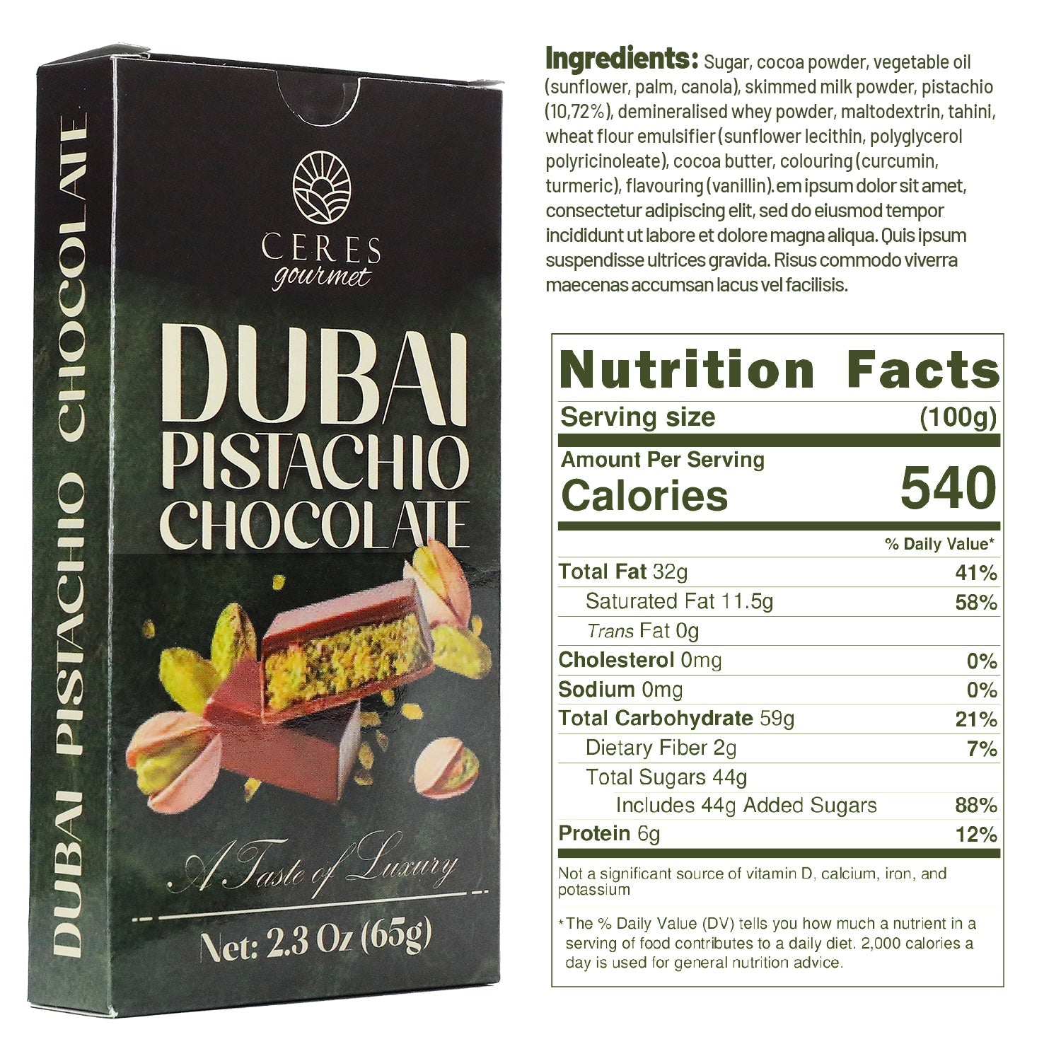 A 2.3oz (65g) Dubai Chocolate Pistachio Bar by Ceres Gourmet, featuring pistachio pieces on the packaging along with nutrition facts, ingredients, and product description for a luxurious chocolate snack.