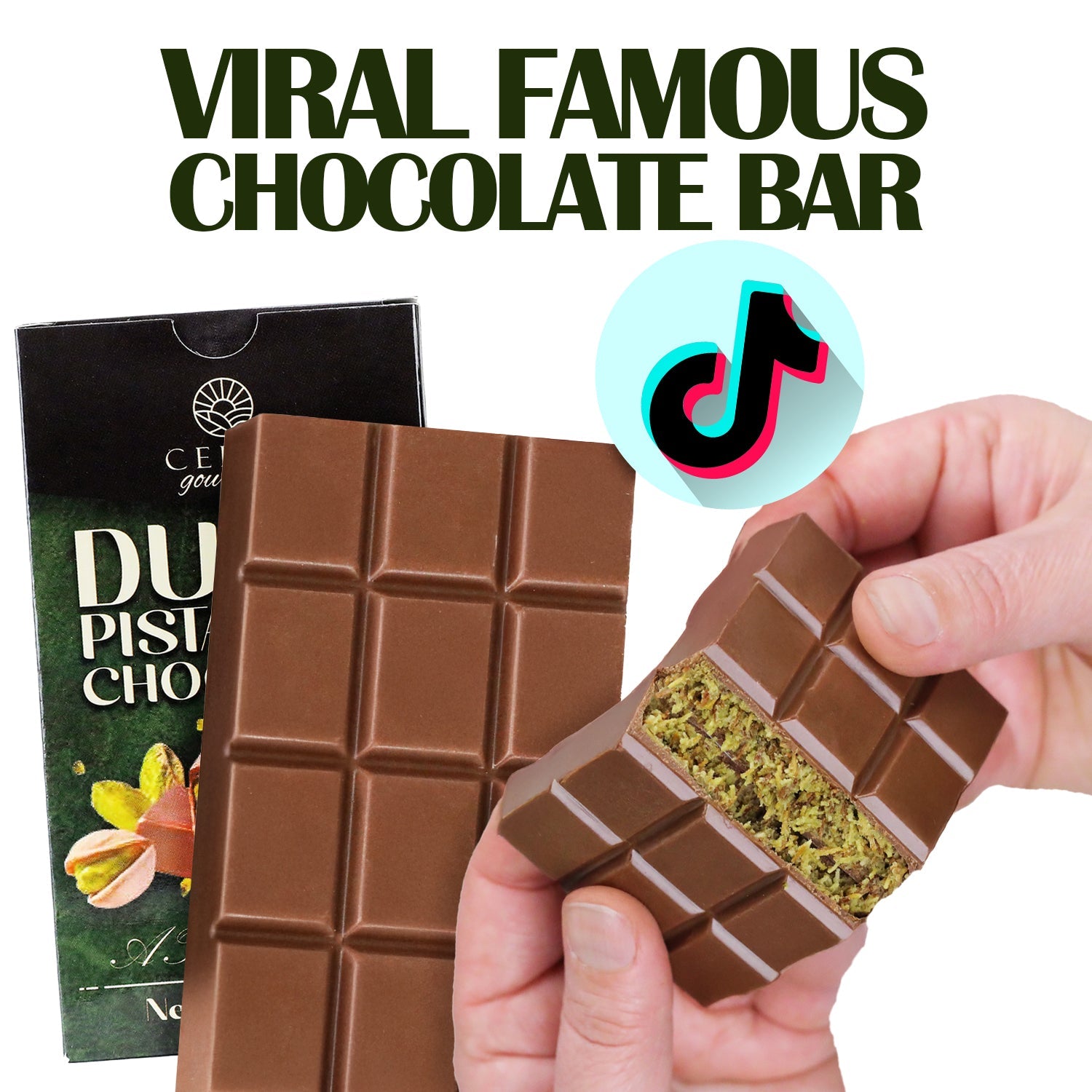 A hand breaks a Ceres Gourmet Dubai Chocolate Pistachio Bar – 2.3oz (65g), revealing its green pistachio filling. Behind it are the chocolate bar box and TikTok logo with bold text: Viral Famous Chocolate Bar—a true gourmet snack sensation.