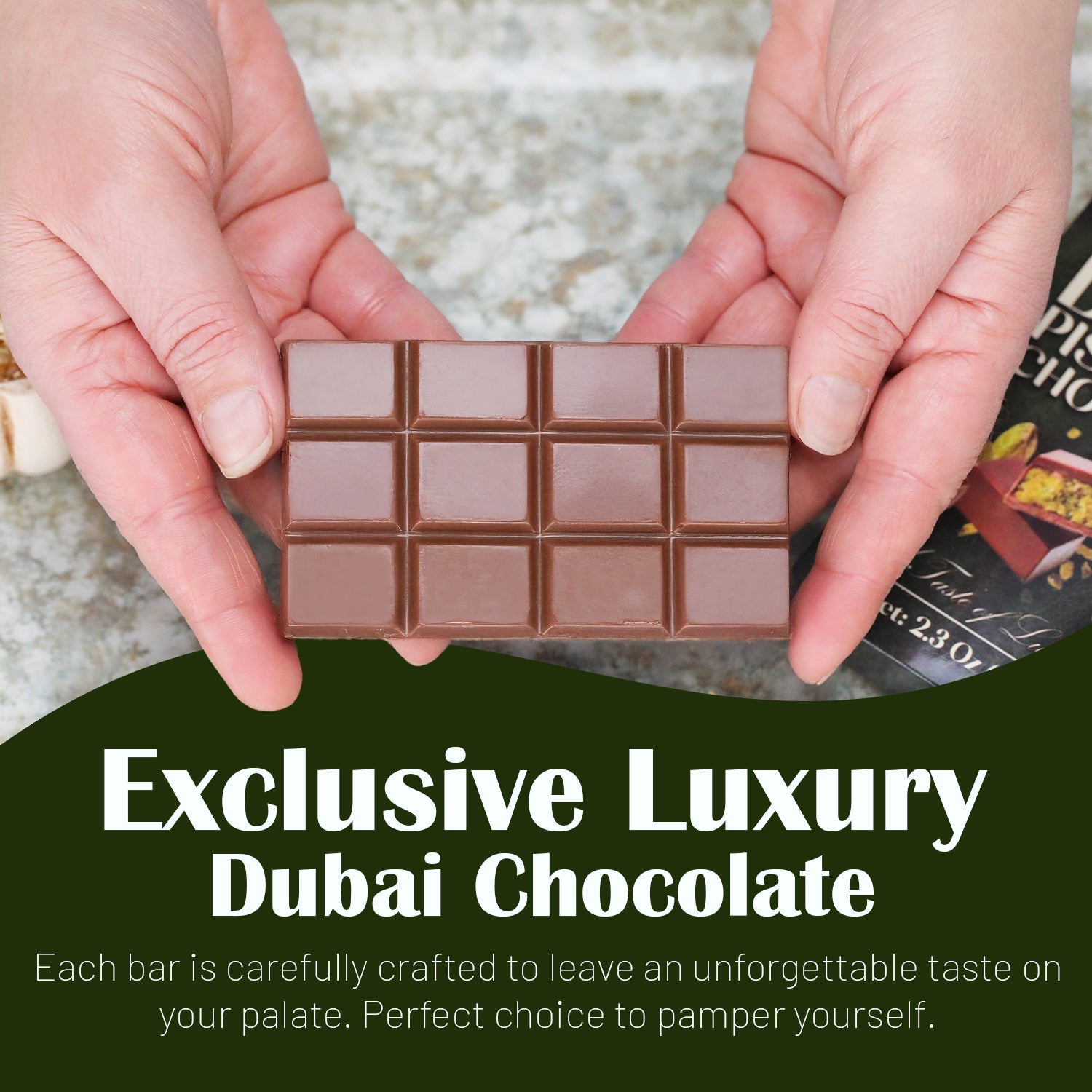 A person holds a rectangular Ceres Gourmet Dubai Chocolate Pistachio Bar – 2.3oz (65g) with 15 pieces. Text below: Exclusive Luxury Dubai Chocolate, crafted to deliver an unforgettable taste experience.