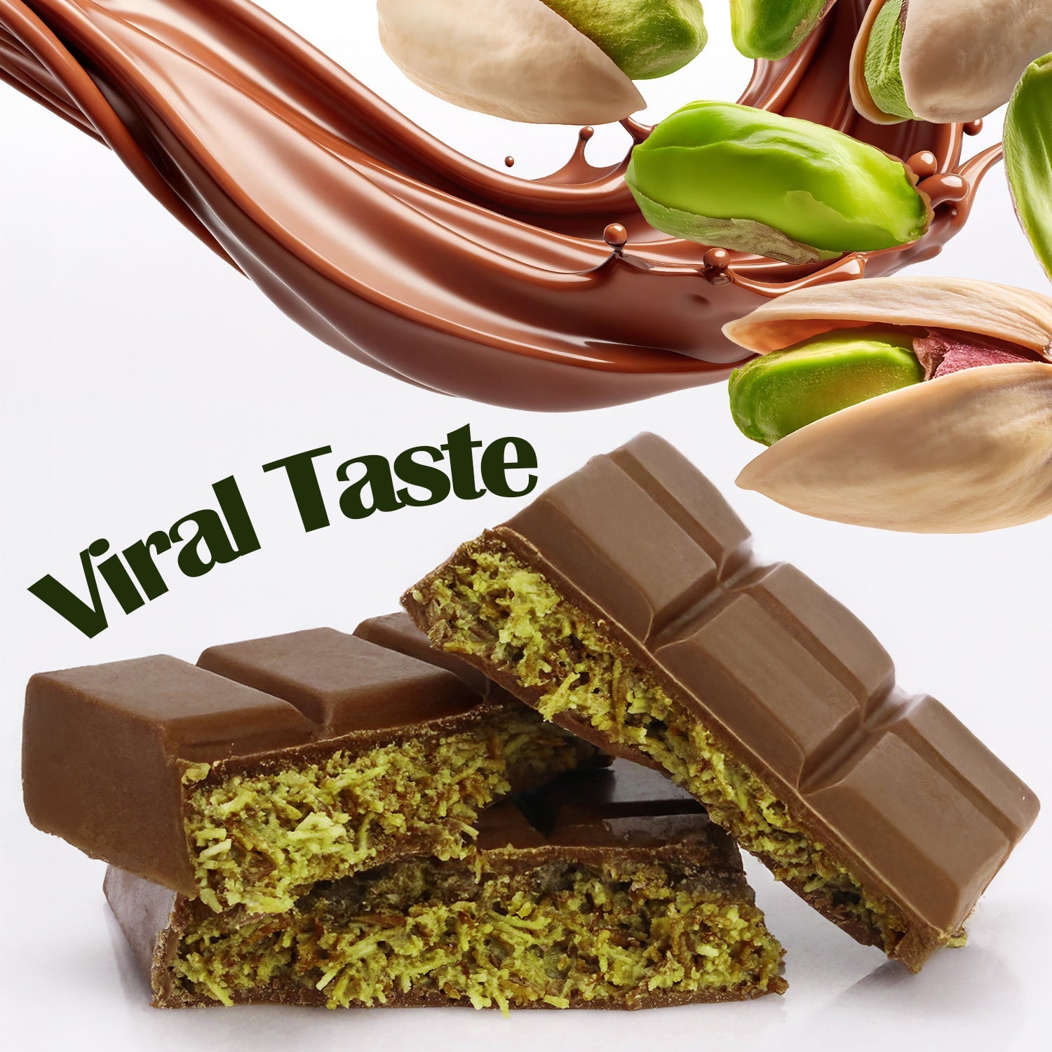 A Dubai Chocolate Pistachio Bar – 2.3oz (65g) by Ceres Gourmet is broken in half, exposing its green pistachio filling, with pistachios and melted chocolate above. Viral Taste appears in bold green—a truly irresistible gourmet snack.