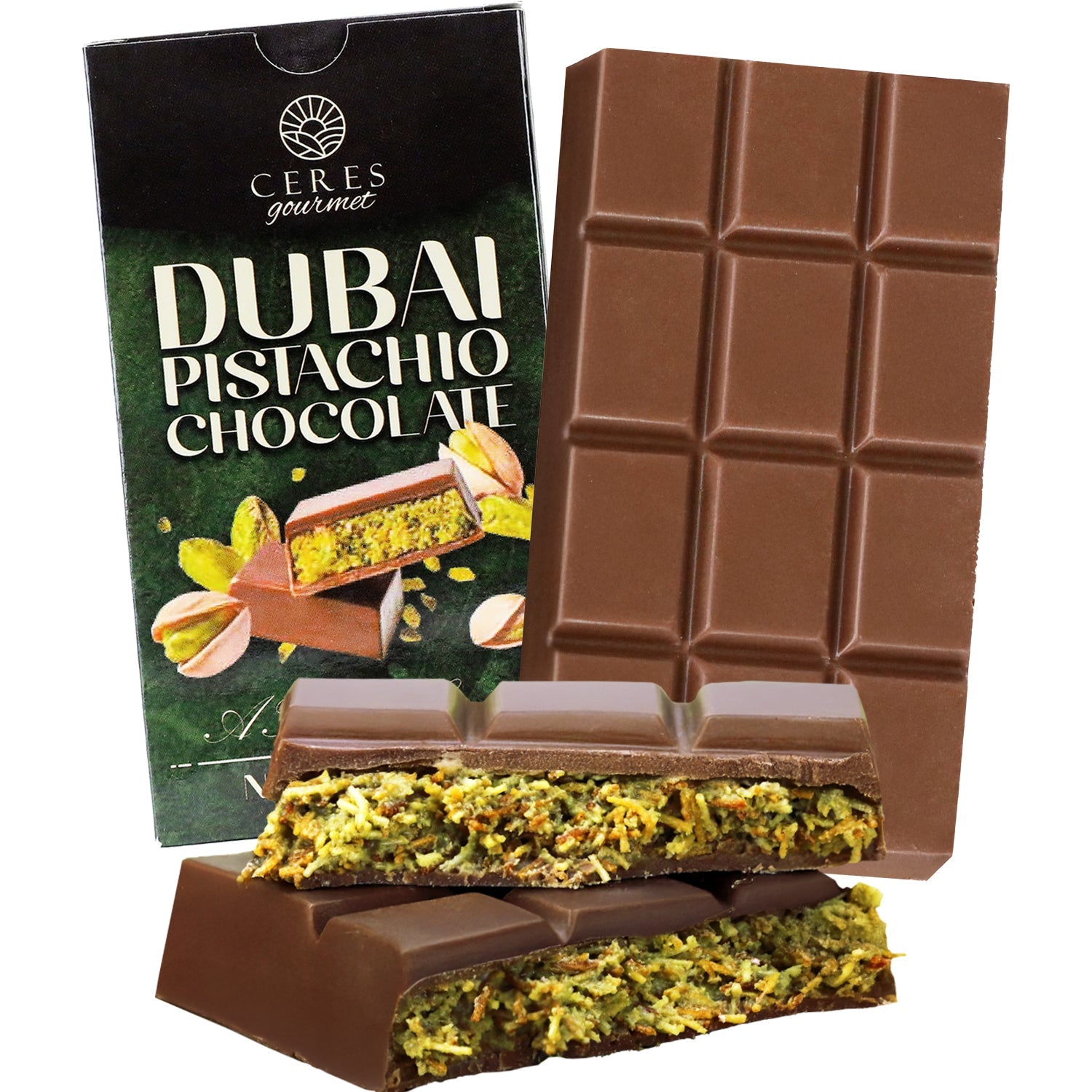 The Ceres Gourmet Dubai Chocolate Pistachio Bar (2.3oz/65g) is shown before its packaging, which highlights pistachios and chocolate pieces—a truly gourmet treat for chocolate lovers.