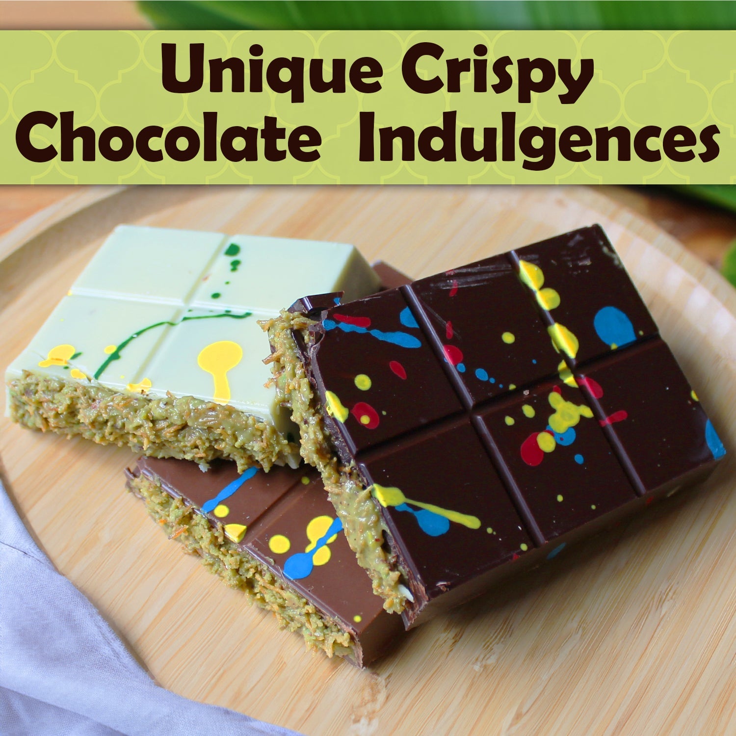A wooden plate holds two chocolate bars, one dark and one white, with colorful splatters. Text reads: Dubai Chocolate Crispy Knafeh Trio by Ceres Gourmet—luxury dessert gift set in milk, white & dark chocolate.