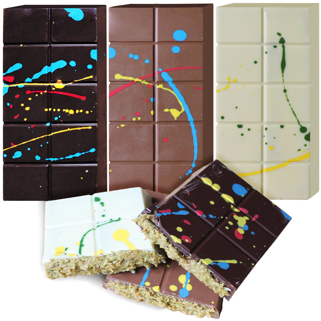 Ceres Gourmet’s Dubai Chocolate Crispy Knafeh Trio features milk, white, and dark chocolate bars with colorful splatters and textured nutty or crispy fillings from our Luxury Dessert Gift Set.