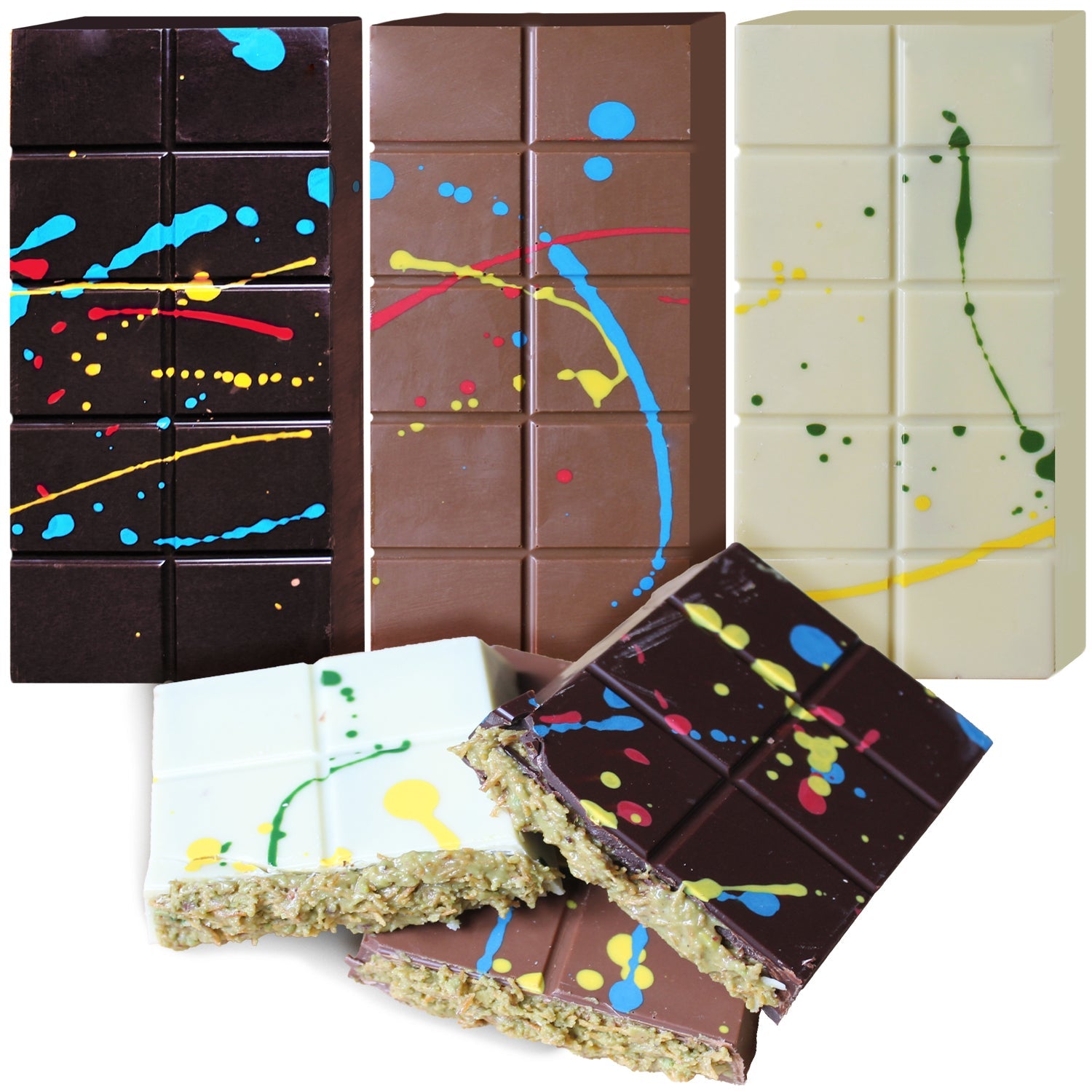 Ceres Gourmet’s Dubai Chocolate Crispy Knafeh Trio features milk, white, and dark chocolate bars with colorful splatters and textured nutty or crispy fillings from our Luxury Dessert Gift Set.