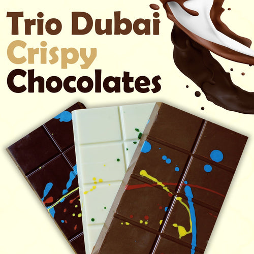 Three chocolate bars—milk, white, and dark—are displayed side by side with colorful paint splatters. Above them, “Dubai Chocolate Crispy Knafeh Trio (Milk, White & Dark Chocolate) by Ceres Gourmet” appears with a chocolate splash in the top right corner.
