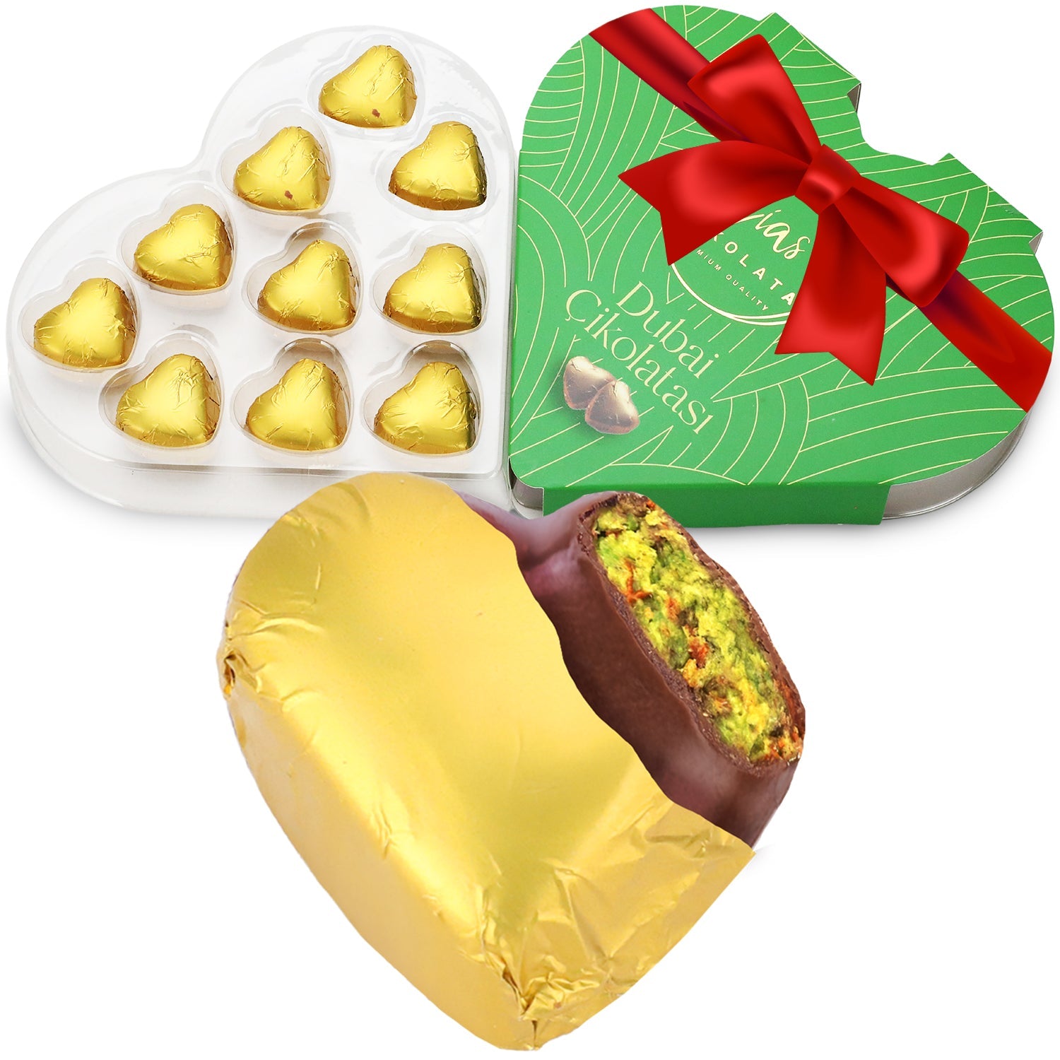 A heart-shaped box from Ceres Gourmet, adorned with a red bow, holds 10 Love Bite Dubai Chocolate Pistachio pieces—gold foil-wrapped hearts with a nutty pistachio filling, one shown unwrapped and bitten to reveal the inside.