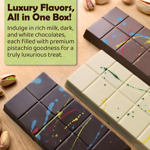 Three Dubai Chocolate Crispy Knafeh Bars—milk, white, and dark—from Ceres Gourmet are arranged on wood with scattered pistachios. A text box highlights their indulgent pistachio filling and vibrant design.