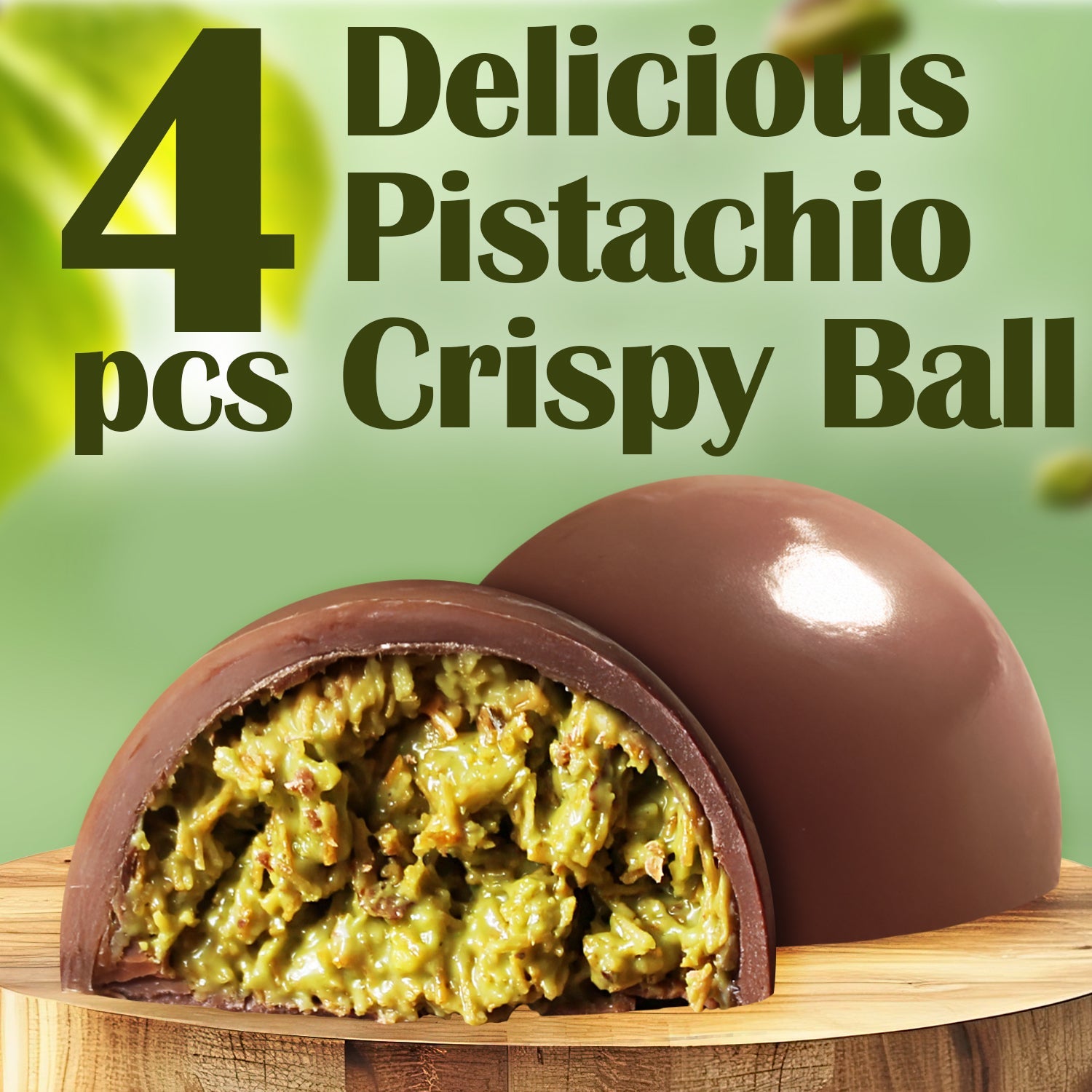 A chocolate sphere filled with crispy pistachio kunafa is cut open on a wooden board. Text above reads “Ceres Gourmet Dubai Pistachio Kunafa Chocolate Bite-Size Balls 5.6 Oz” on a green background.