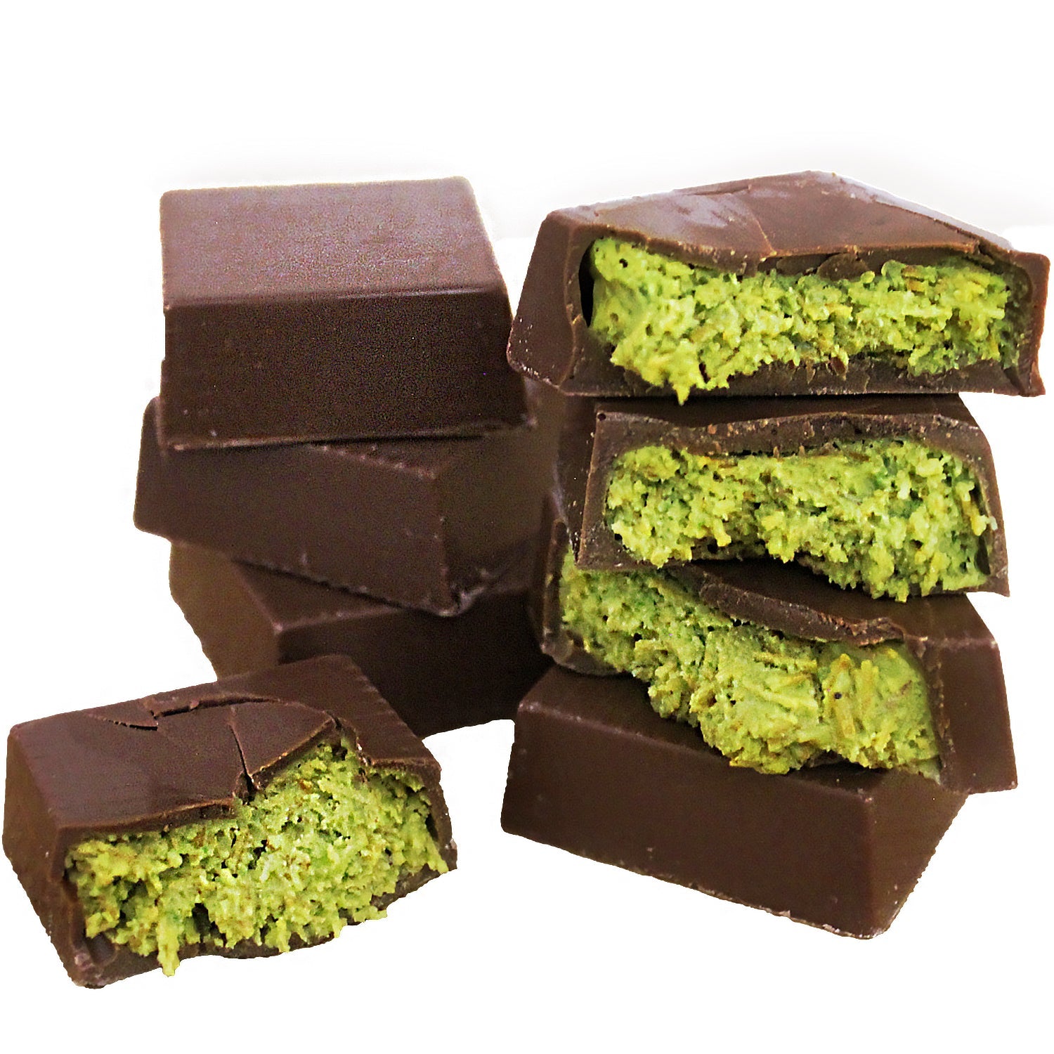 A stack of Ceres Gourmet Dubai Knafah Pistachio Chocolate Bars, with green pistachio filling exposed in broken pieces, showcases 16 exquisite bite sizes against a white background.