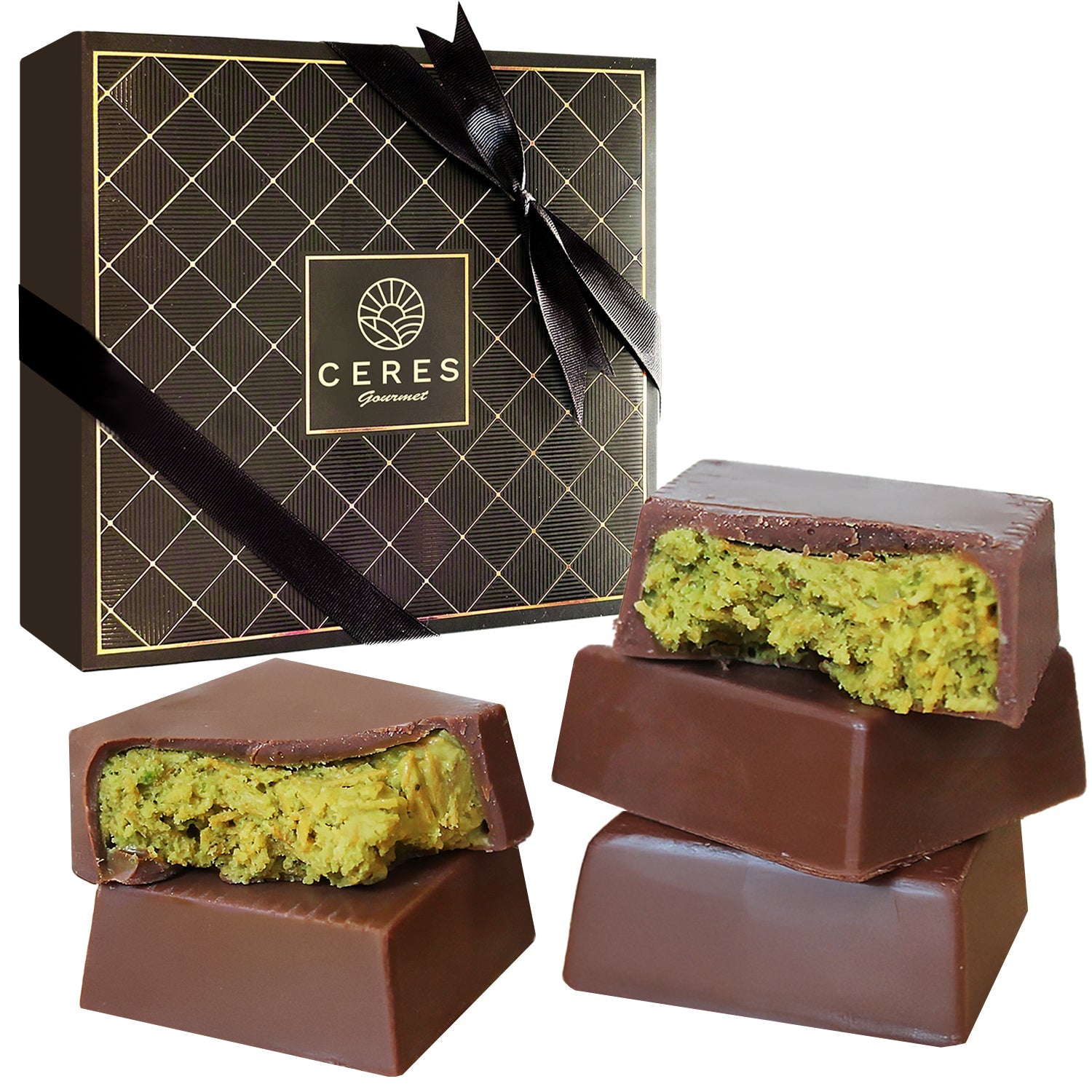 A Ceres Gourmet gift box with a black ribbon sits behind three Dubai Knafah Pistachio Chocolate Bar bites, each filled with green pistachio kunafa; one is split to reveal the inside. The box contains 16 exquisite chocolate bite sizes.