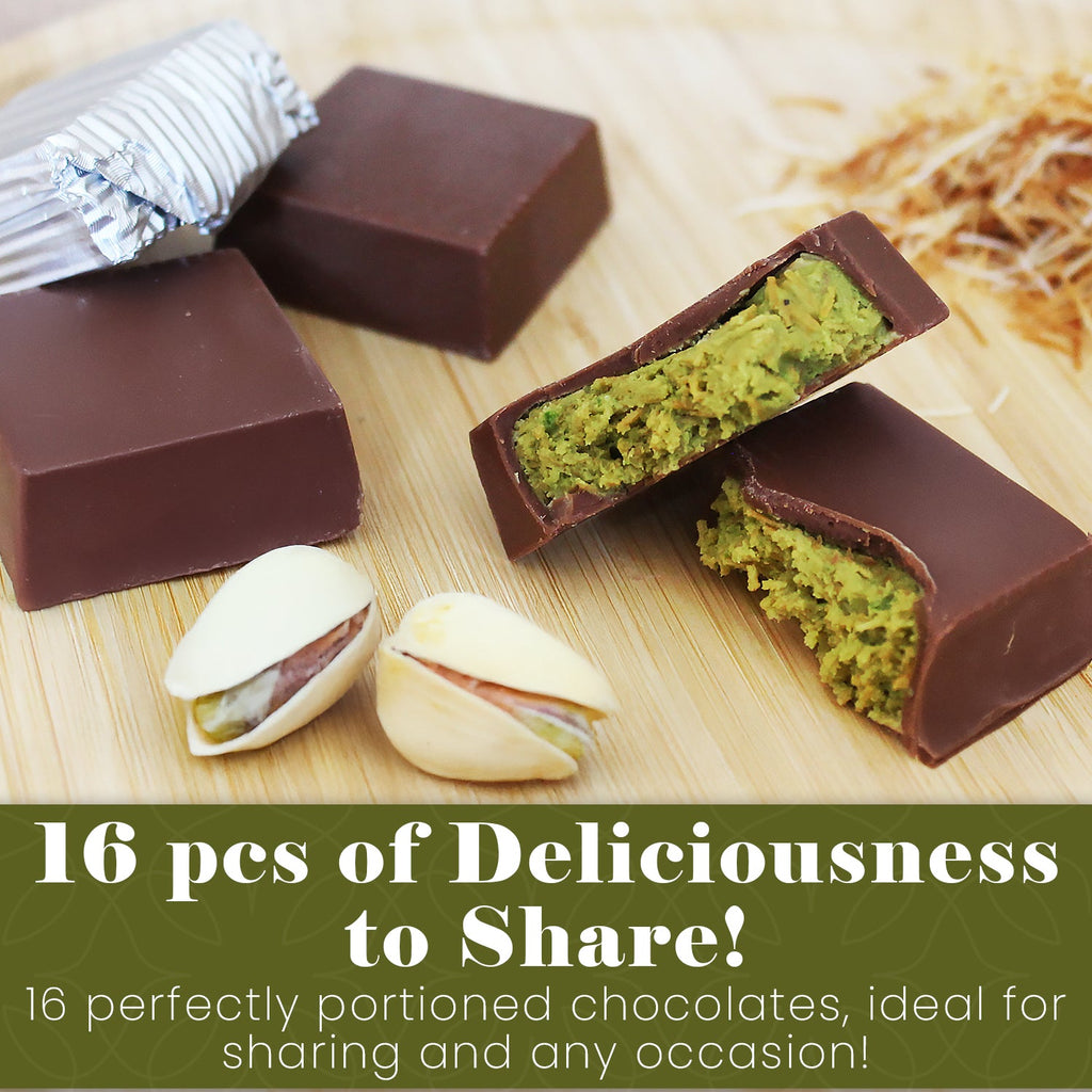 A close-up of unwrapped chocolate bars with green pistachio centers, cut open on a wooden board with pistachios. Featuring Ceres Gourmet’s Dubai Knafah Pistachio Chocolate Bar—16 exquisite bite-sized chocolates to share!.