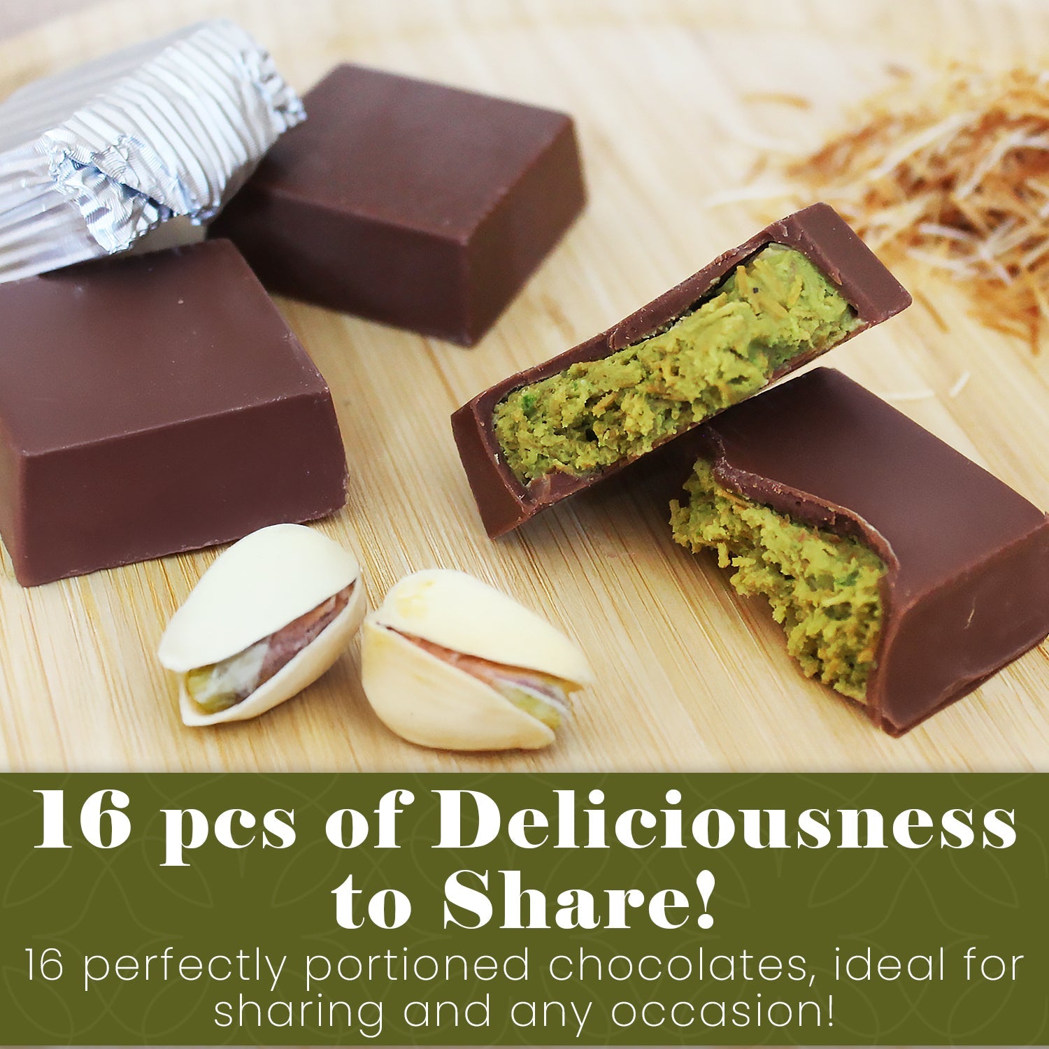 A close-up of unwrapped chocolate bars with green pistachio centers, cut open on a wooden board with pistachios. Featuring Ceres Gourmet’s Dubai Knafah Pistachio Chocolate Bar—16 exquisite bite-sized chocolates to share!.