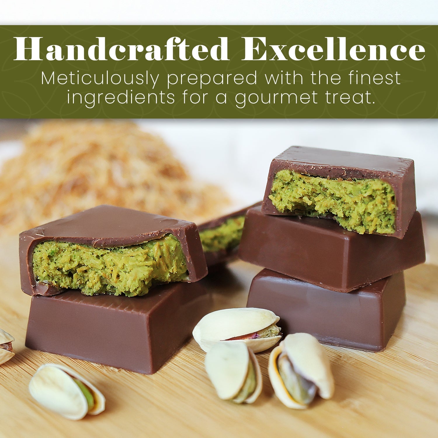 Three chocolate squares with pistachio filling, inspired by Dubai Knafah Pistachio Chocolate Bar from Ceres Gourmet, sit on wood beside pistachios. Text: Handcrafted Excellence – enjoy 16 exquisite chocolate bite sizes in every gourmet bar.