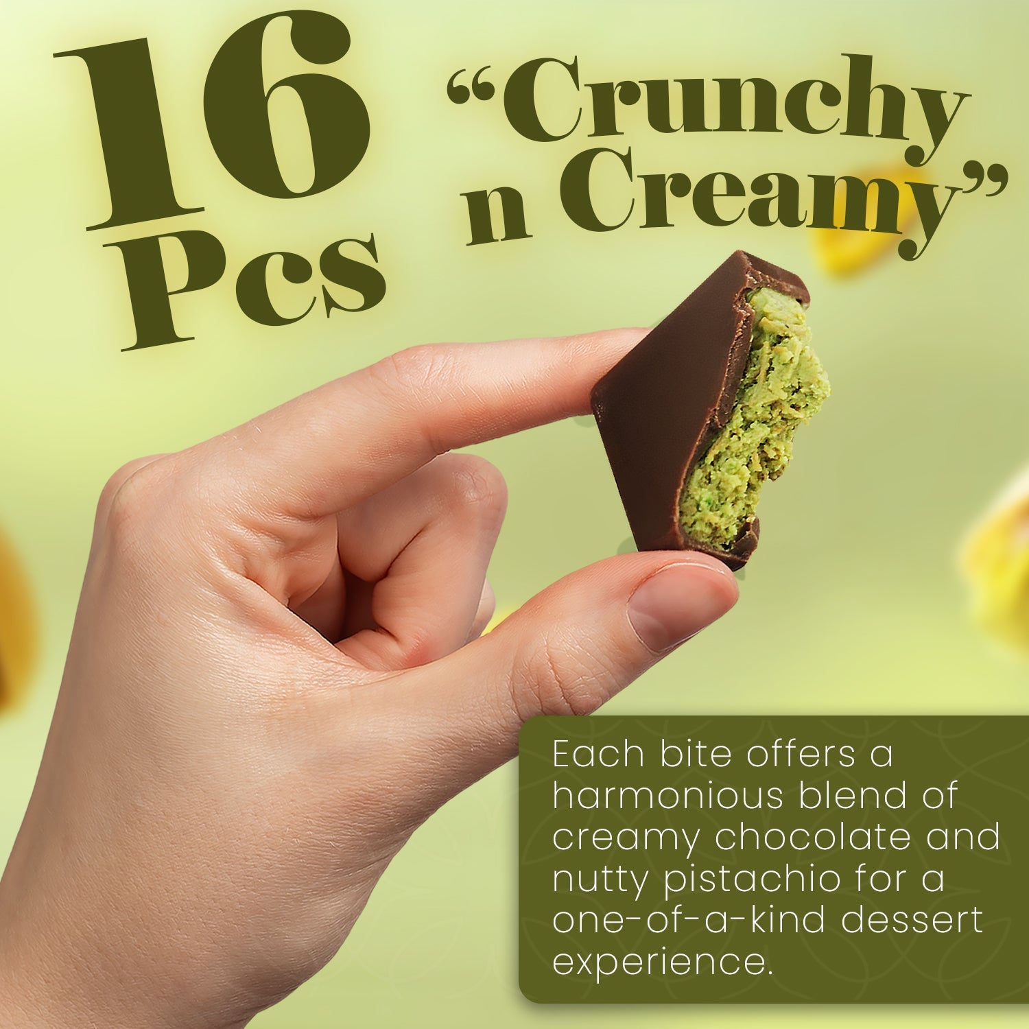 A hand holds a Ceres Gourmet Dubai Knafah Pistachio Chocolate Bar, featuring 16 exquisite chocolate bite sizes with a creamy chocolate and nutty pistachio blend for an unforgettable dessert experience.