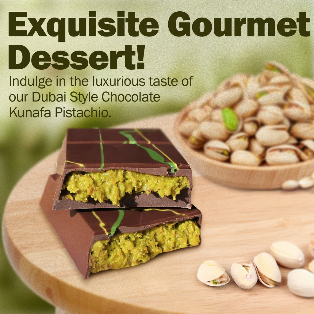 Two pieces of Ceres Gourmet’s Dubai Chocolate Bar Pistachio with Milky Chocolate and Knafeh sit on a wooden board next to a bowl of pistachios, highlighting this TikTok-trending 3.5 oz gourmet dessert.