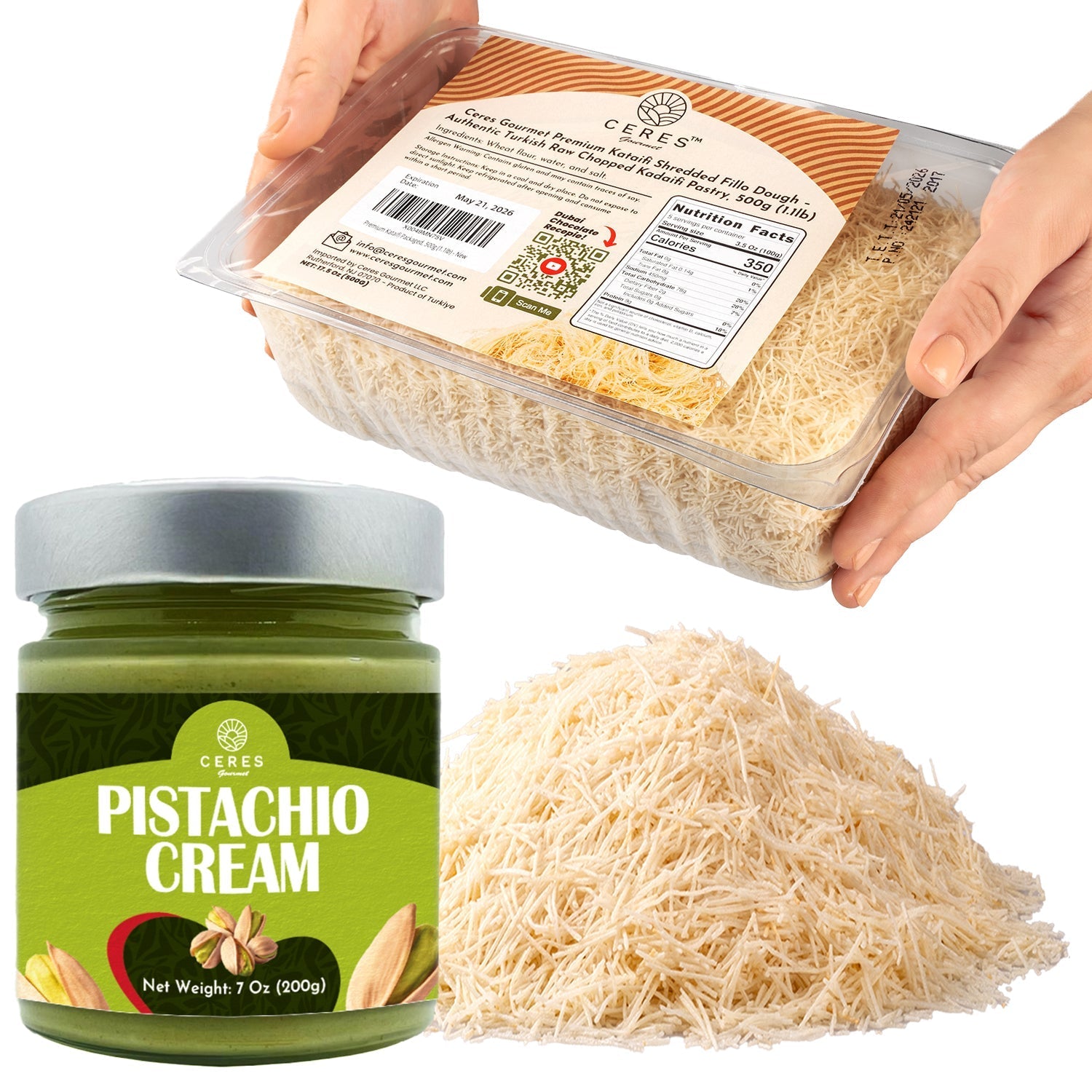 A person holds a container of kataifi dough above a pile and a jar of pistachio butter from Ceres Gourmets Premium Kataifi & Pistachio Butter Bundle for Dubai Chocolate.