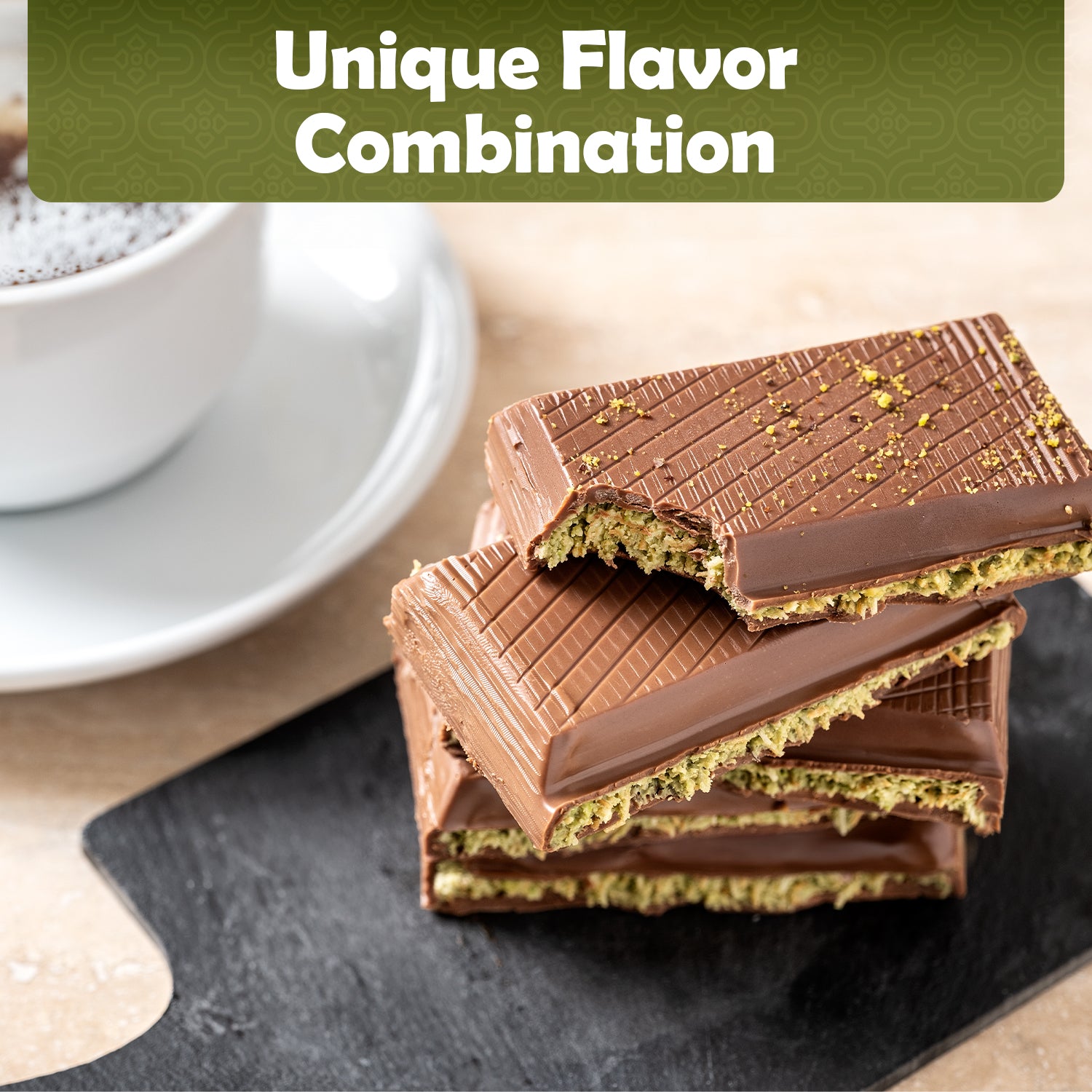 Four chocolate-covered wafer bars from Ceres Gourmet’s Premium Kataifi & Pistachio Butter Bundle for Dubai Chocolate are stacked on black slate, with coffee in the background. Above, text reads: Unique Flavor Combination.