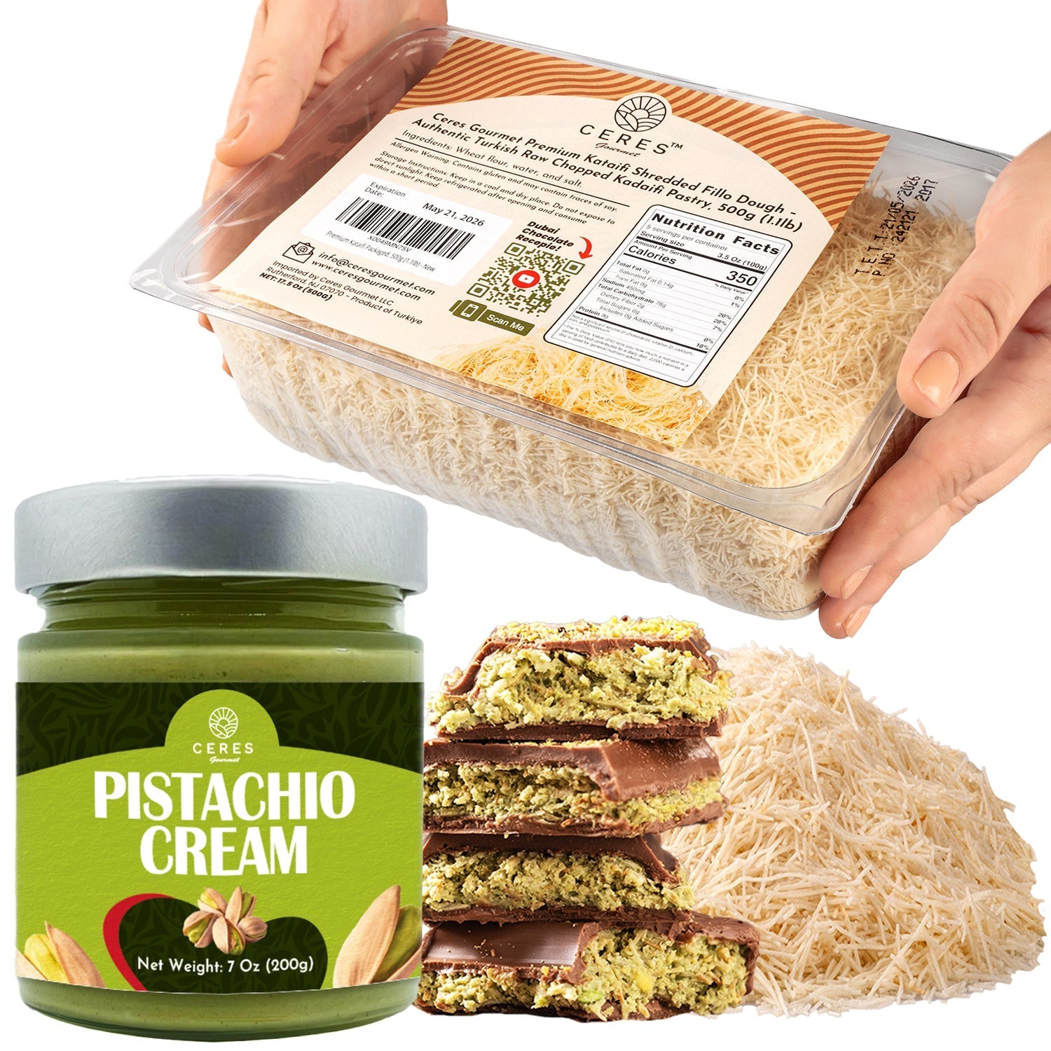 Ceres Gourmet’s Premium Kataifi & Pistachio Butter Bundle for Dubai Chocolate features pistachio butter, kataifi dough, and chocolate-covered pistachio pastries for a tempting, Dubai-inspired treat.