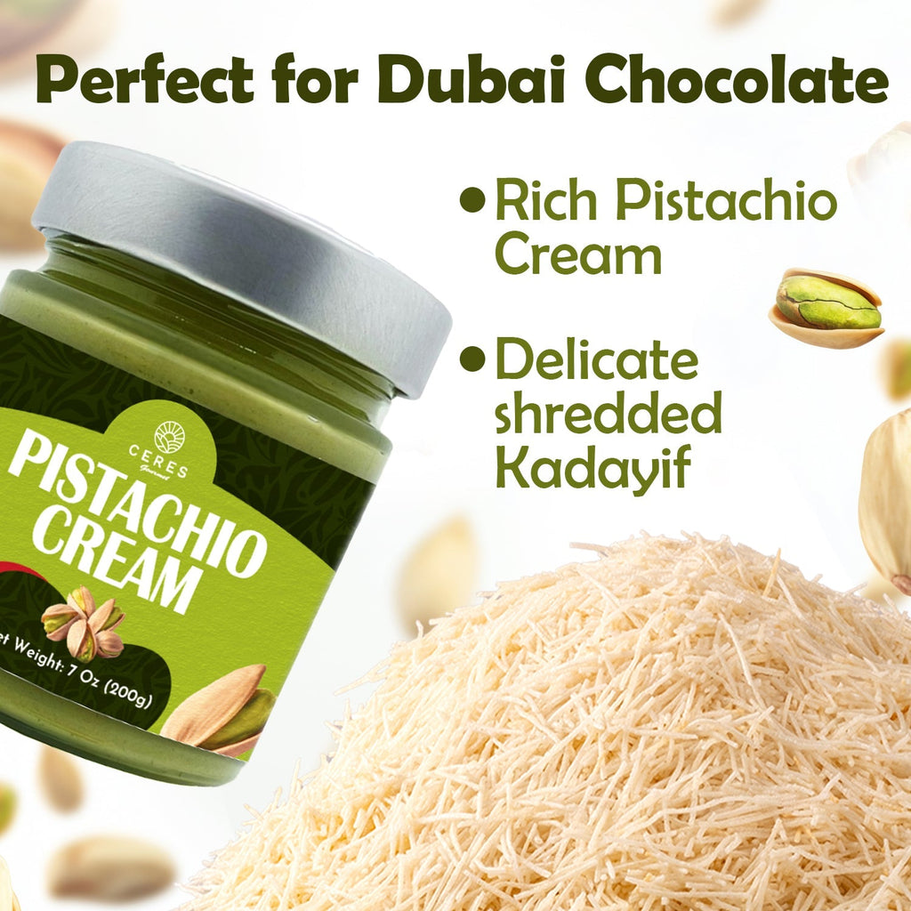 A jar of Ceres Gourmet pistachio butter sits by fine kataifi strands and pistachios. Text: Premium Kataifi & Pistachio Butter Bundle for Dubai Chocolate. Indulgent cream, delicate shredded dough.