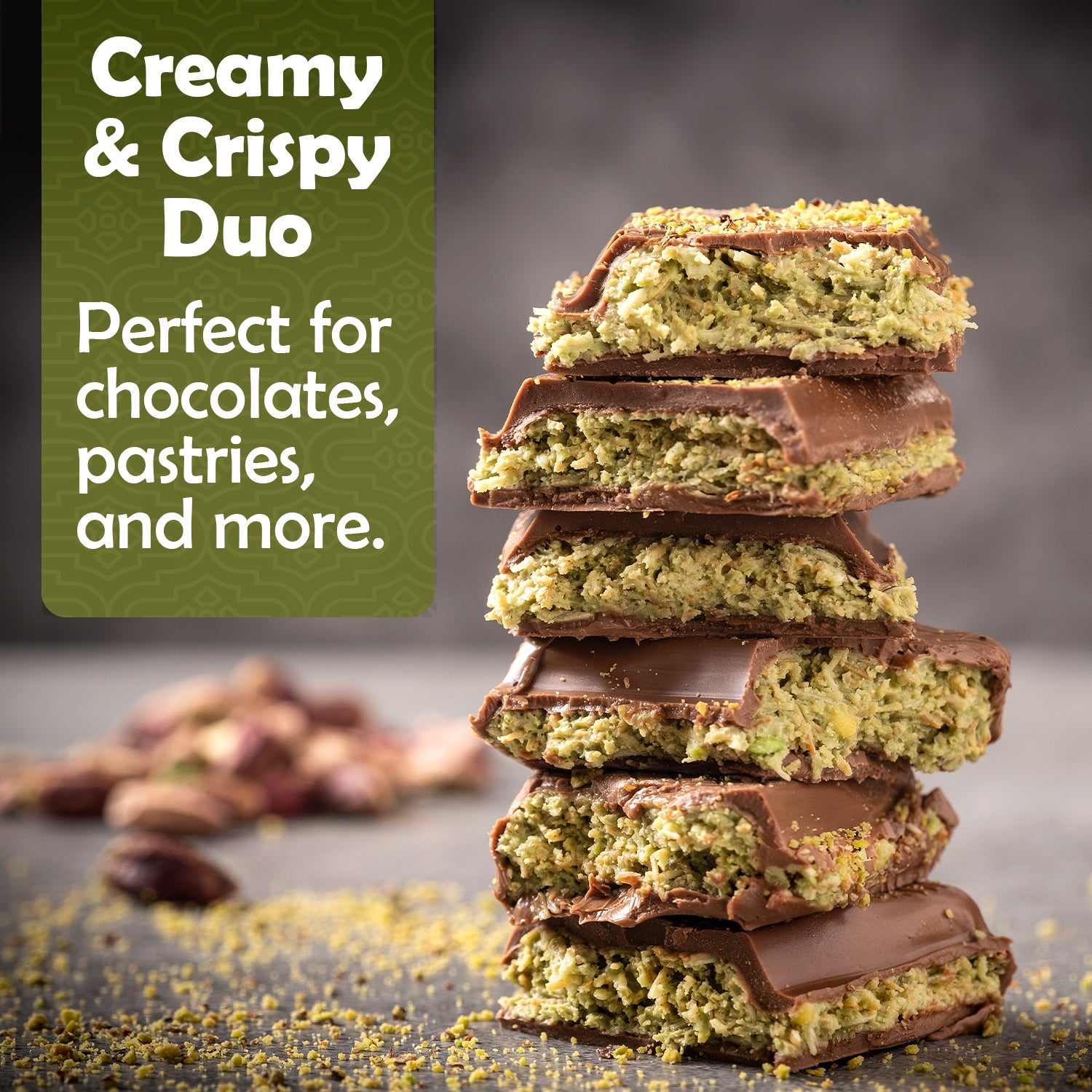 A stack of Ceres Gourmet’s Premium Kataifi & Pistachio Butter Bundle for Dubai Chocolate sits on a surface with kataifi crumbs, labeled Creamy & Crispy Duo. Ideal for chocolates, pastries, and more.
