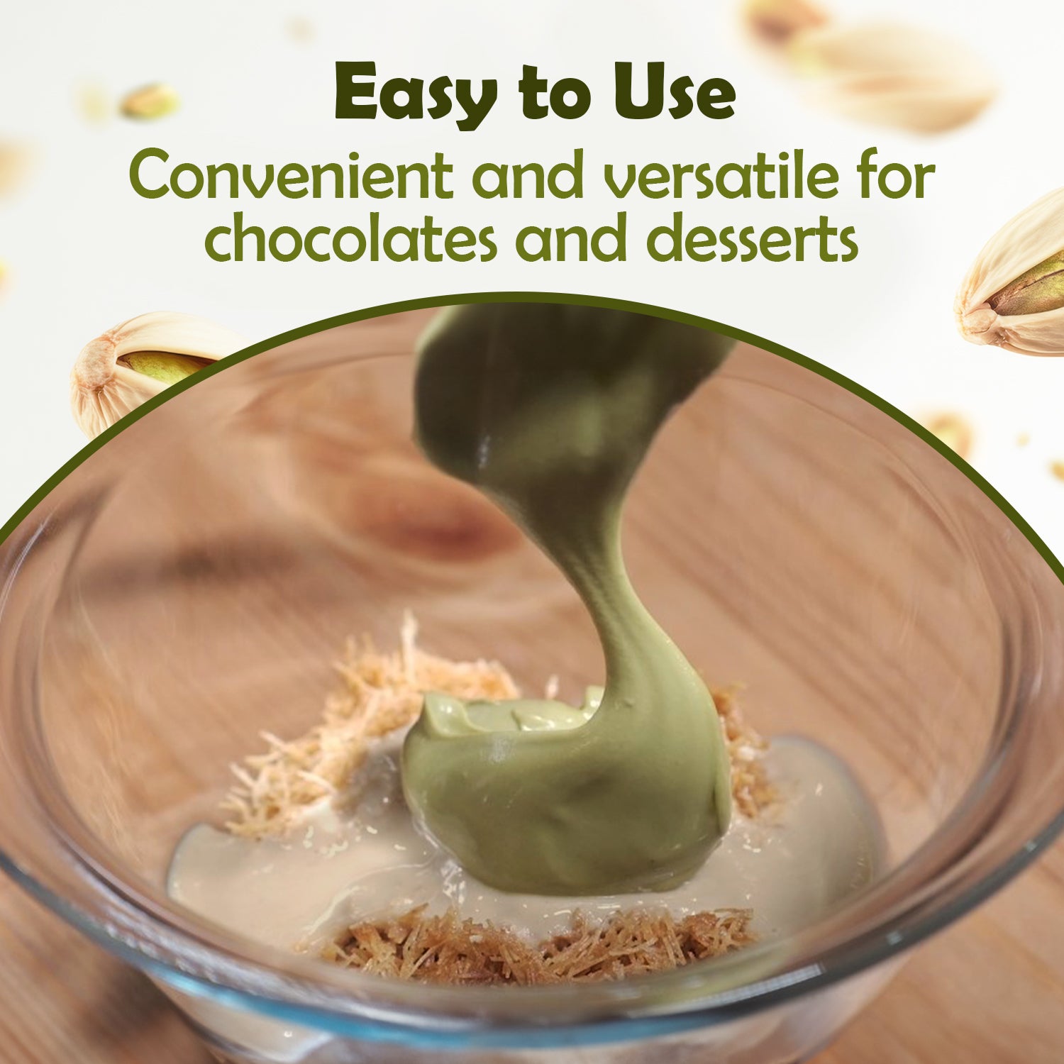 A creamy green pistachio butter mixture is added to shredded kataifi dough in a glass bowl, with text: “Easy to Use – Convenient and versatile for chocolates and desserts.” Pistachios decorate the border. Product: Premium Kataifi & Pistachio Butter Bundle by Ceres Gourmet.