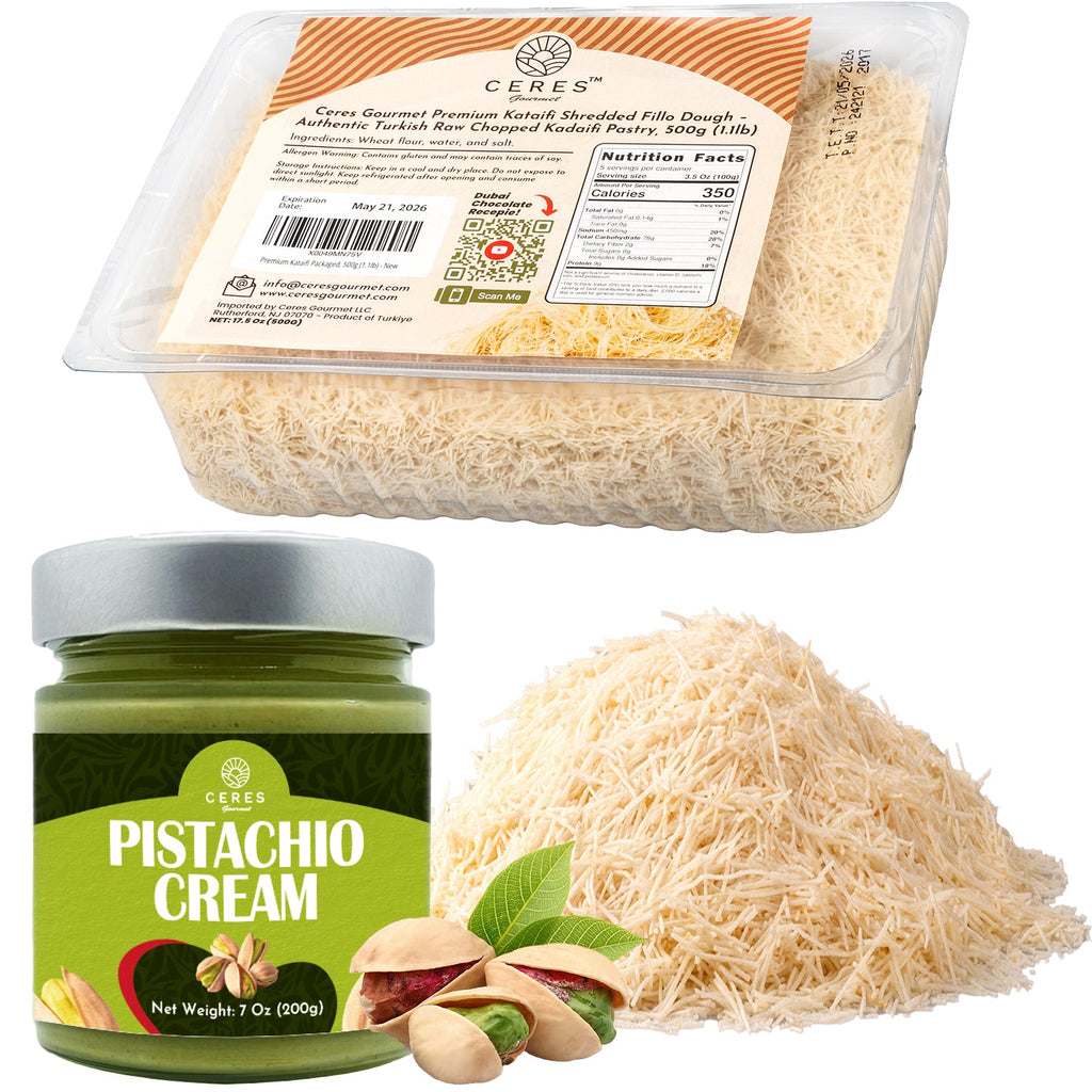 Ceres Gourmet’s Premium Kataifi & Pistachio Butter Bundle for Dubai Chocolate features a container of kataifi dough, a glass jar of pistachio butter, loose kaday?f strands, and shelled pistachios on a white background.