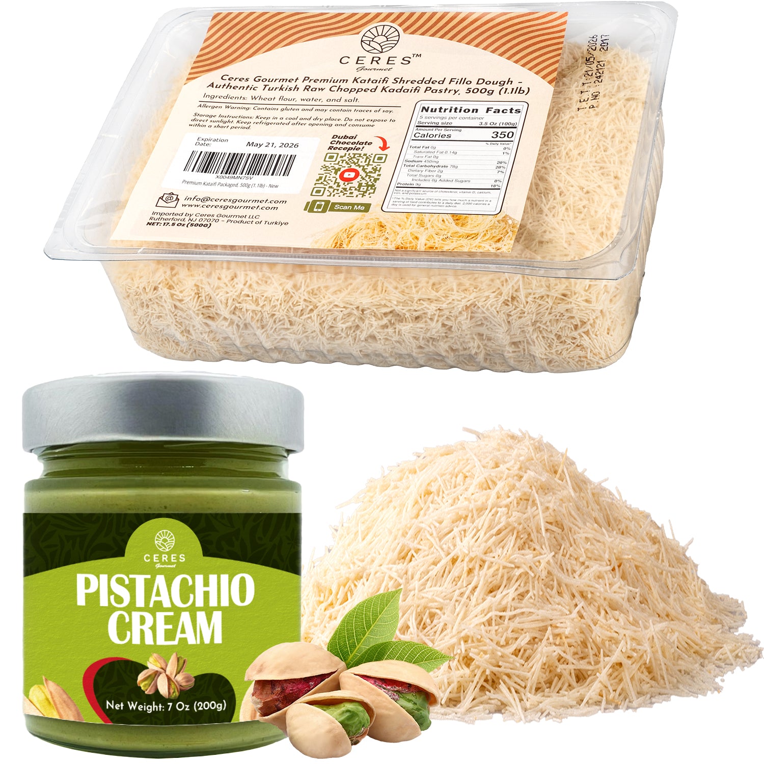 Ceres Gourmet’s Premium Kataifi & Pistachio Butter Bundle for Dubai Chocolate features a container of kataifi dough, a glass jar of pistachio butter, loose kaday?f strands, and shelled pistachios on a white background.