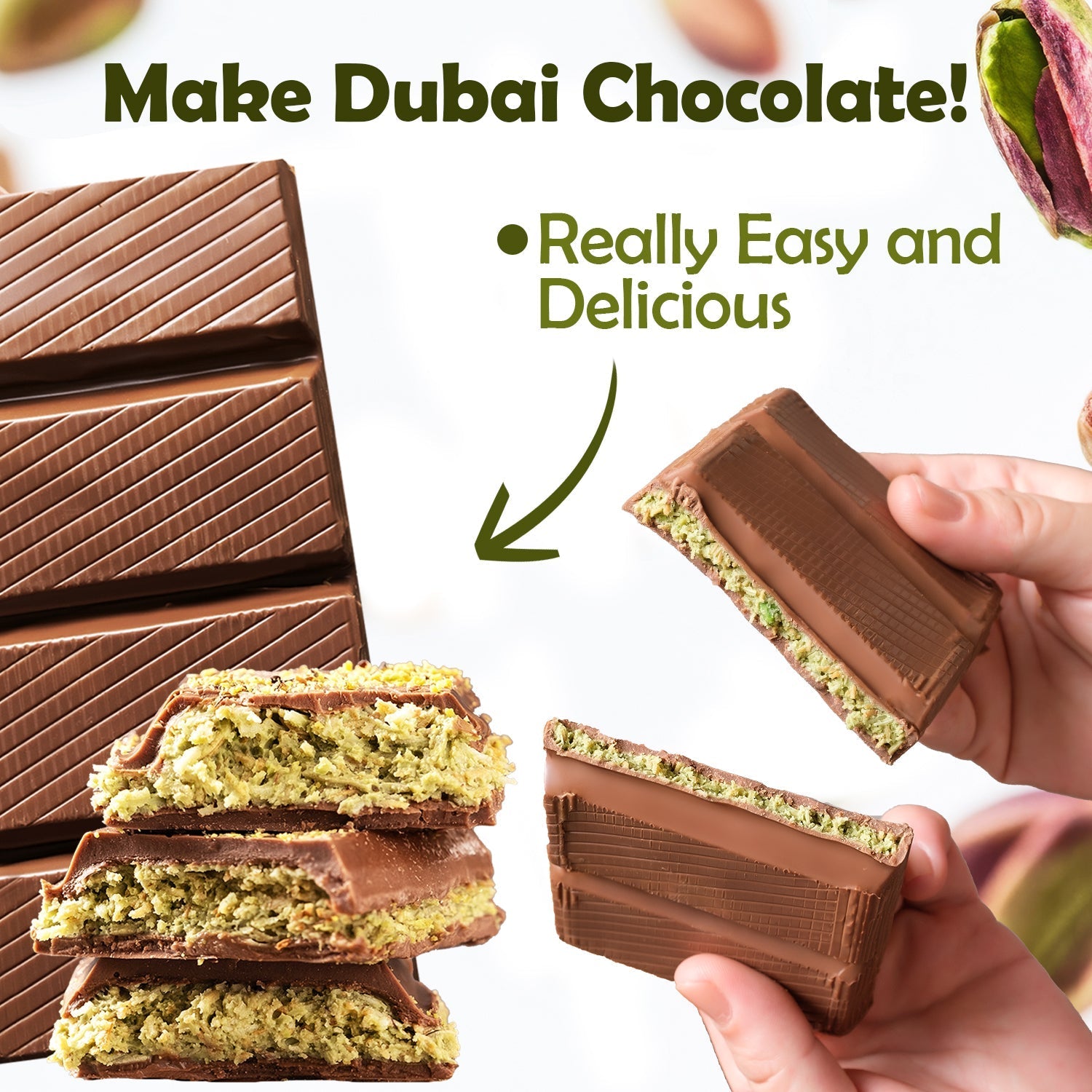 Ceres Gourmet Premium Kataifi & Pistachio Butter Bundle for Dubai Chocolate shown. Hands hold a piece, revealing creamy pistachio butter inside. Text: Make Dubai Chocolate! Really Easy and Delicious.