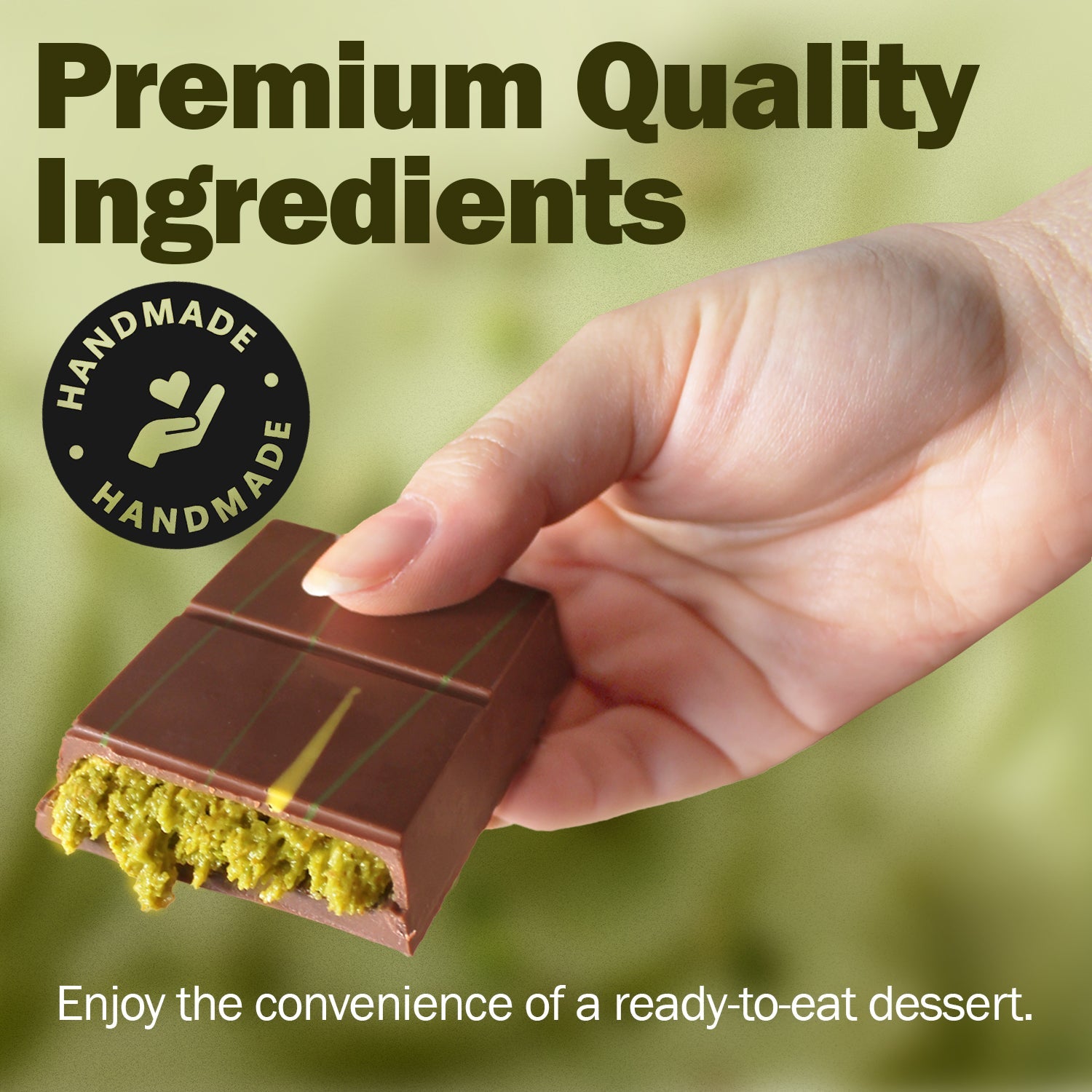 A hand holds a Ceres Gourmet Dubai Chocolate Bar Pistachio with Milky Chocolate and Knafeh. The green filling shows. Text: “Premium Quality Ingredients,” “Handmade,” and “Ready-to-eat dessert.” 3.5 oz, TikTok favorite.